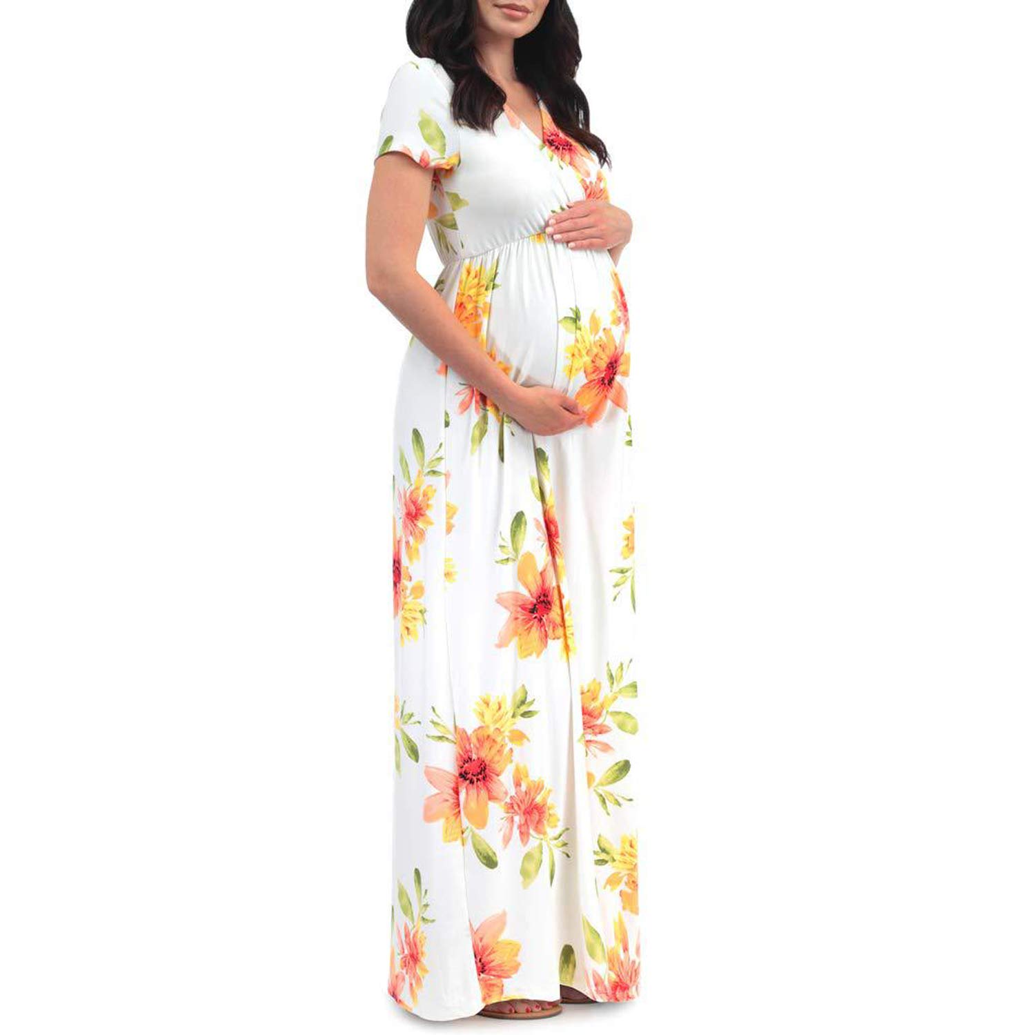 YIMISHION Women's Floral Print Short Sleeve Maternity Maxi Dress - Pregnancy & Nursing Dress for Summer, Beach, Vacation & Special Occasions