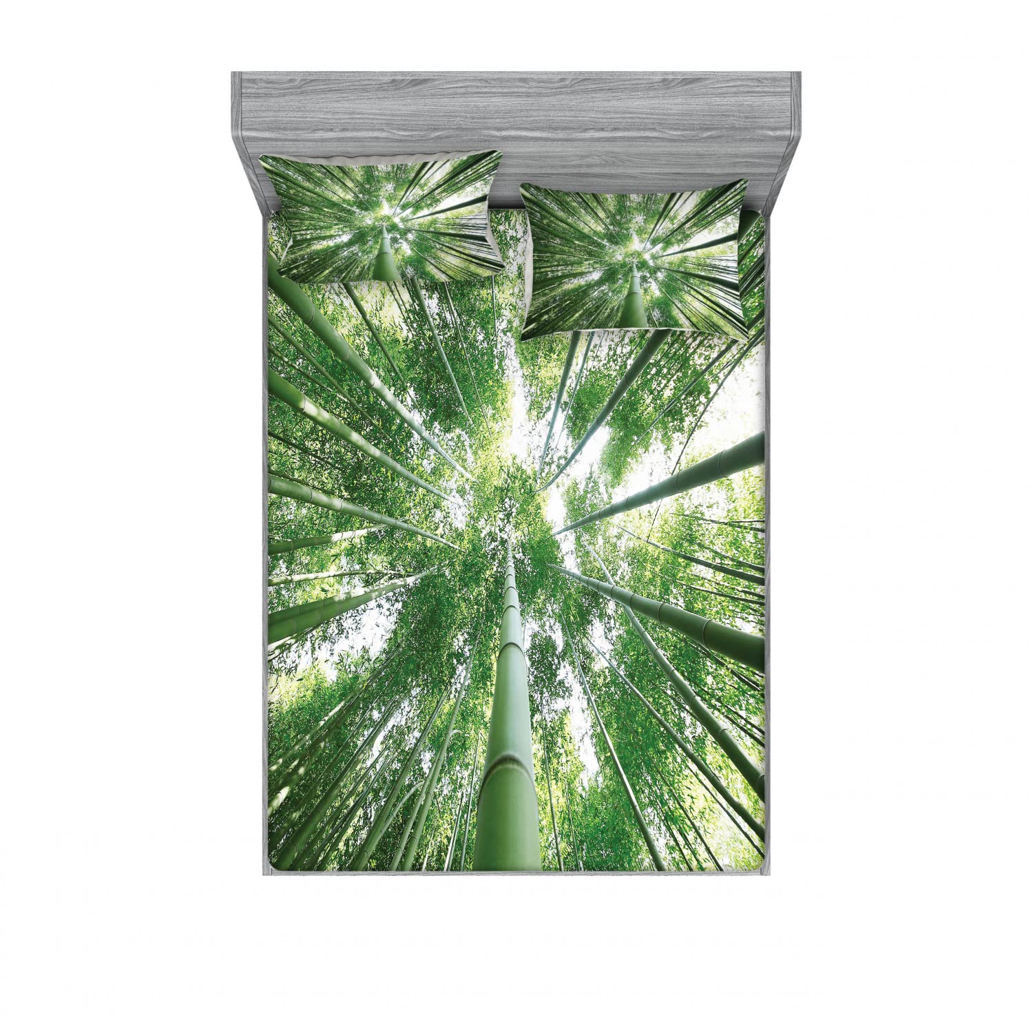 Ambesonne 2-Pack Full Size Fitted Sheet Set with 4 Pillow Shams - Tropical Rainforest & Sky Green Design - Soft Bedding Collection for Guest Rooms, Dorms, and Vacation Homes - Breathable Fabric for All-Season Comfort