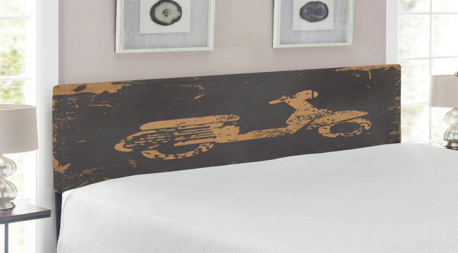 Ambesonne Vintage Motorcycle Grunge Headboard - King Size Upholstered Metal Bed Frame with Memory Foam, Retro Sports Illustration in Charcoal Grey & Pale Brown - Perfect for Biker-Themed Bedrooms & Man Cave Decor