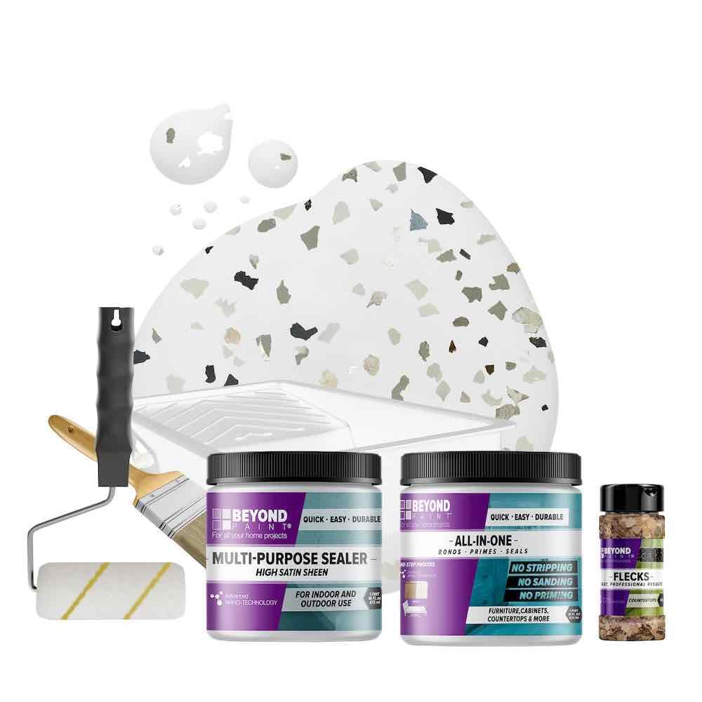 Beyond Paint Smoked Gray Flecks Countertop Makeover Kit - Includes Paint, Sealer, Decorative Flecks & Tools - Transform Kitchen or Bathroom Countertops to Bright White Finish - DIY Home Renovation Solution for Countertop Resurfacing