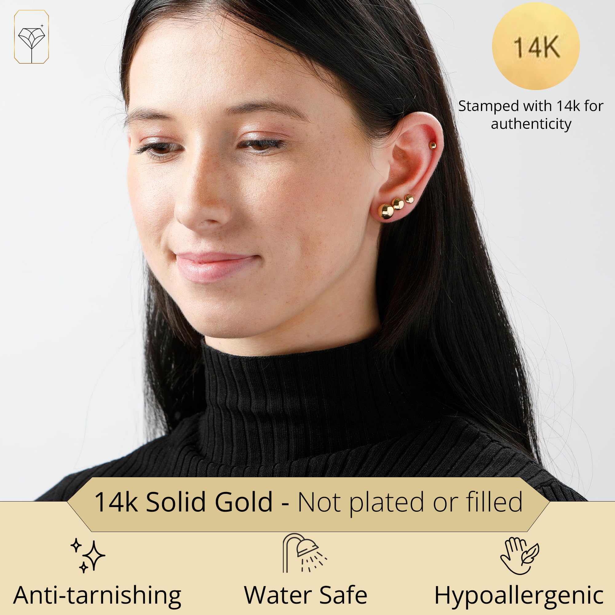 14K Gold Stud Earrings for Women & Men - Hypoallergenic Yellow Gold Ball Earrings (4MM-8MM) | Real 14K Gold Button Stud Earrings for Everyday Wear, Gifts & Special Occasions | MAX + STONE