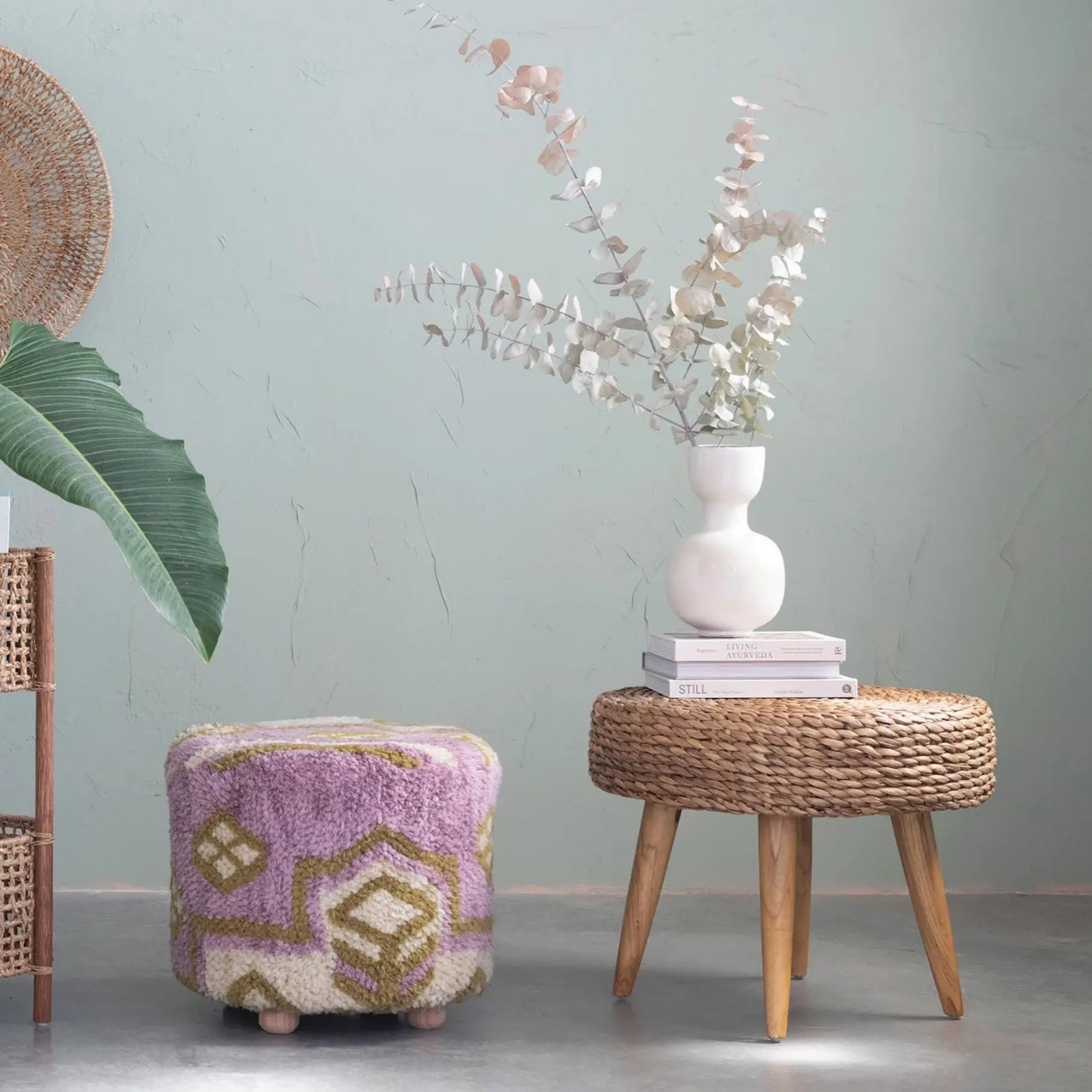 Hand Woven Hyacinth & Teakwood Stool - Natural Boho Style Side Table or Footrest - Perfect for Living Room, Bedroom, or Outdoor Patio Decor