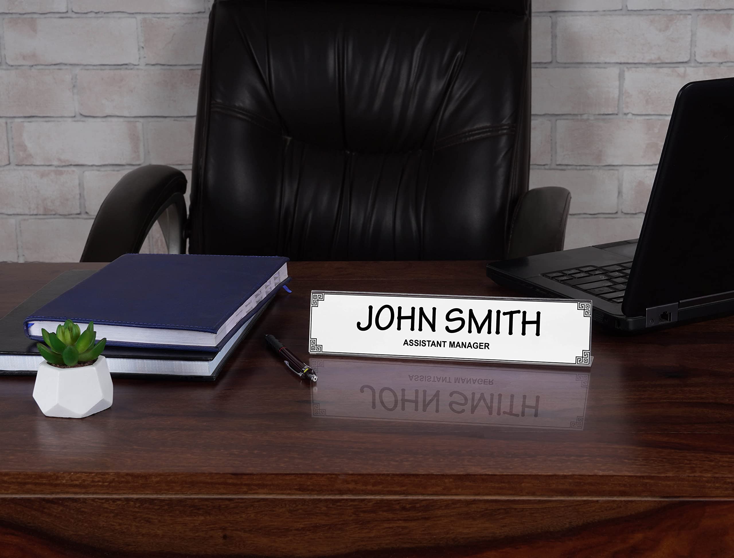 Personalized Acrylic Desk Name Plate - Custom Office Name Sign with Pretty Border (2x10 Inches) - Perfect for Workstations, Reception Desks & Corporate Gifts