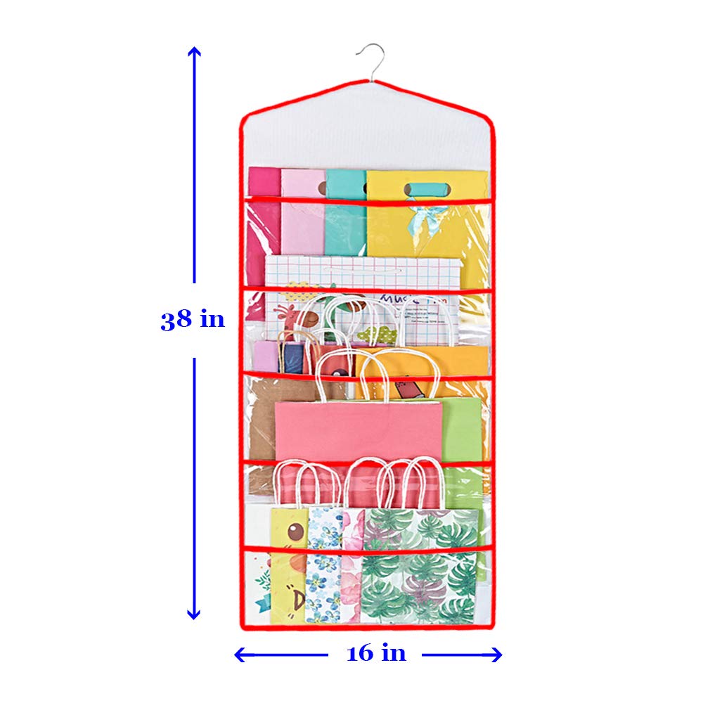 ProPik Hanging Gift Bag Storage Organizer - 38 x 16 Inch PVC Gift Wrap & Tissue Paper Holder (Red) - Perfect for Holiday Wrapping, Birthday Party Supplies & Craft Room Organization