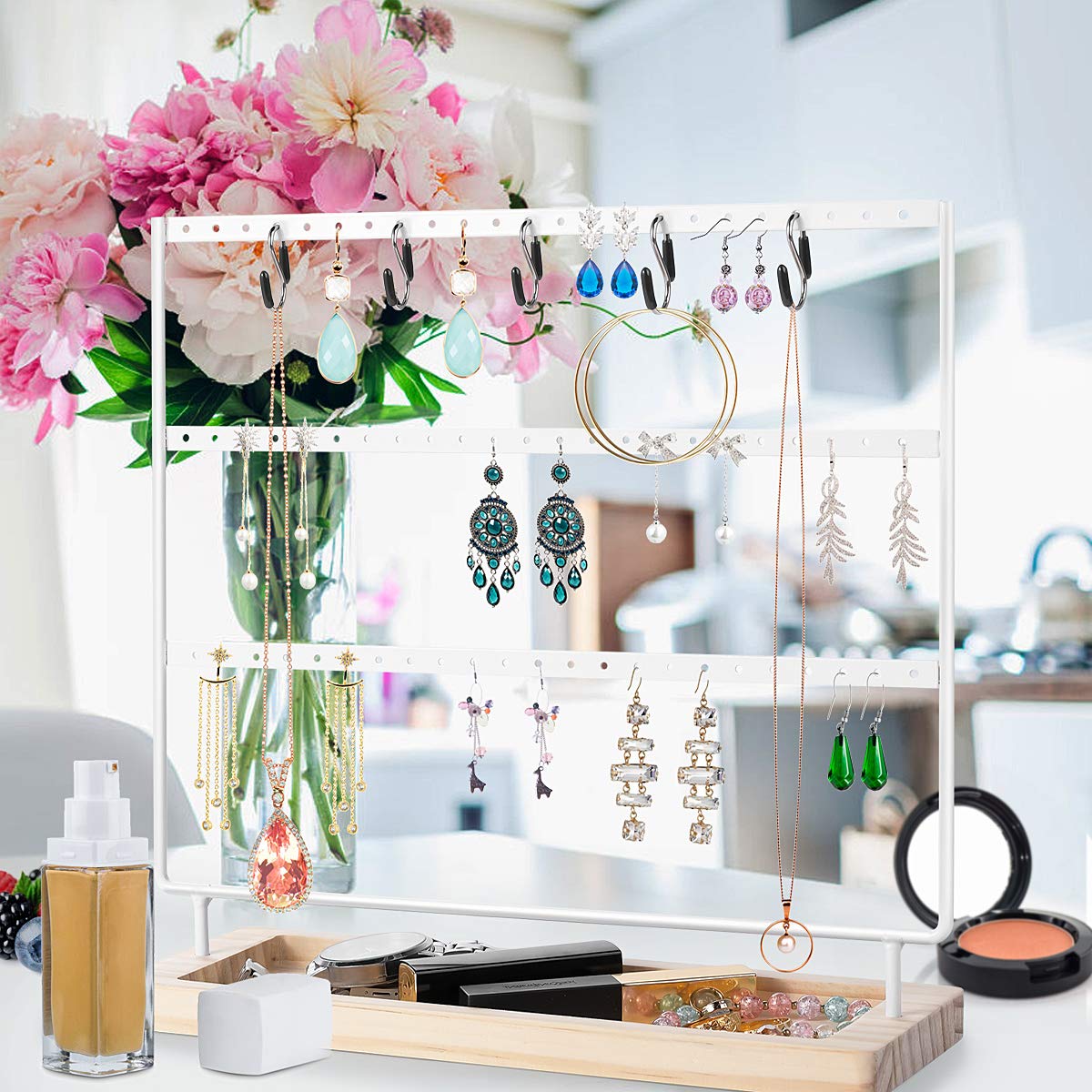 VERGILIUS 3-Tier Jewelry Organizer Stand - White Earring & Necklace Holder Display Tree for Earrings, Necklaces, Bracelets - Perfect for Bedroom, Bathroom, Dresser & Travel Jewelry Storage