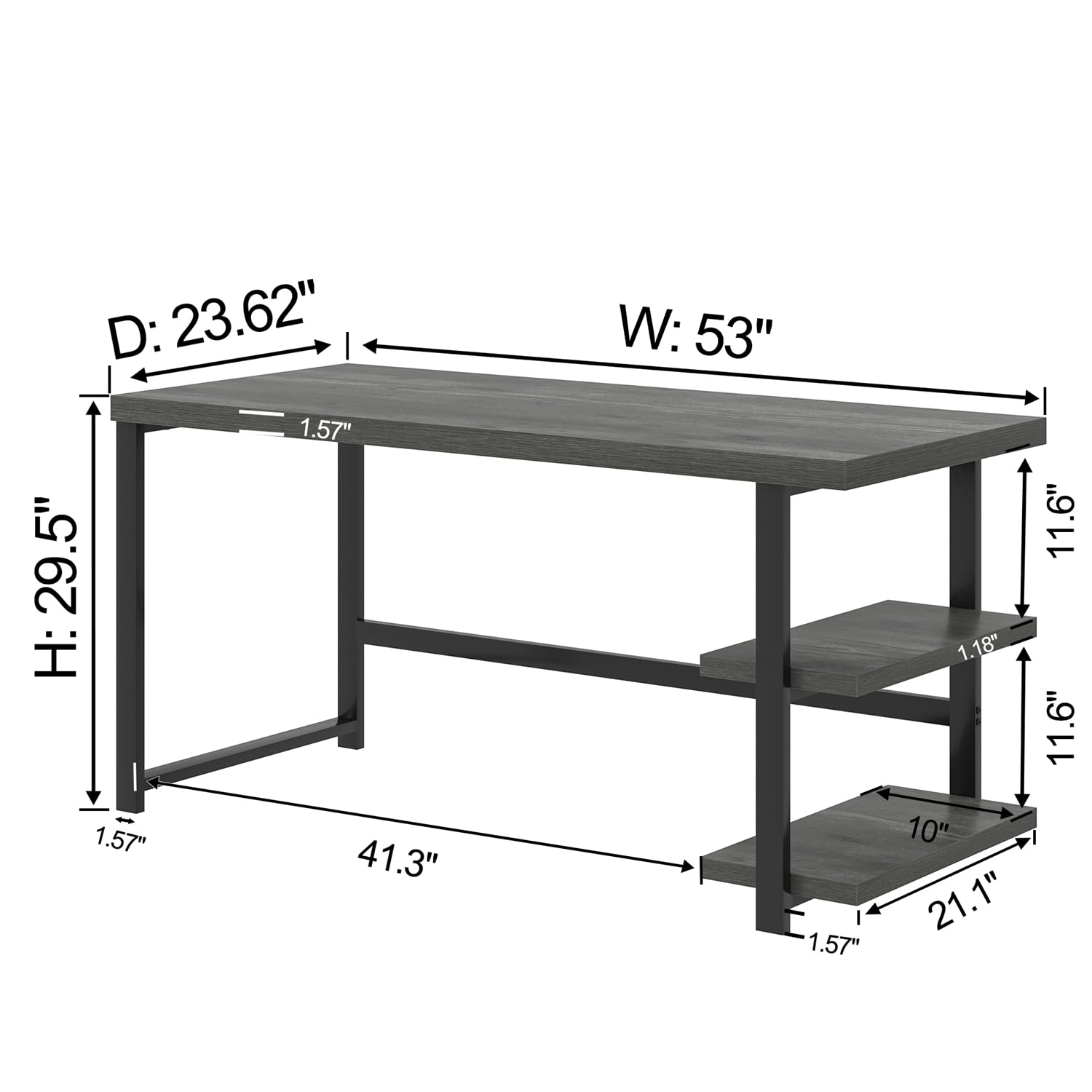EXCEFUR 53 Inch Industrial Computer Desk with Storage Shelves - Sturdy Wood Study Writing Table for Home Office, Bedroom & Living Room - Grey | Perfect for Remote Work, Gaming & Study Spaces