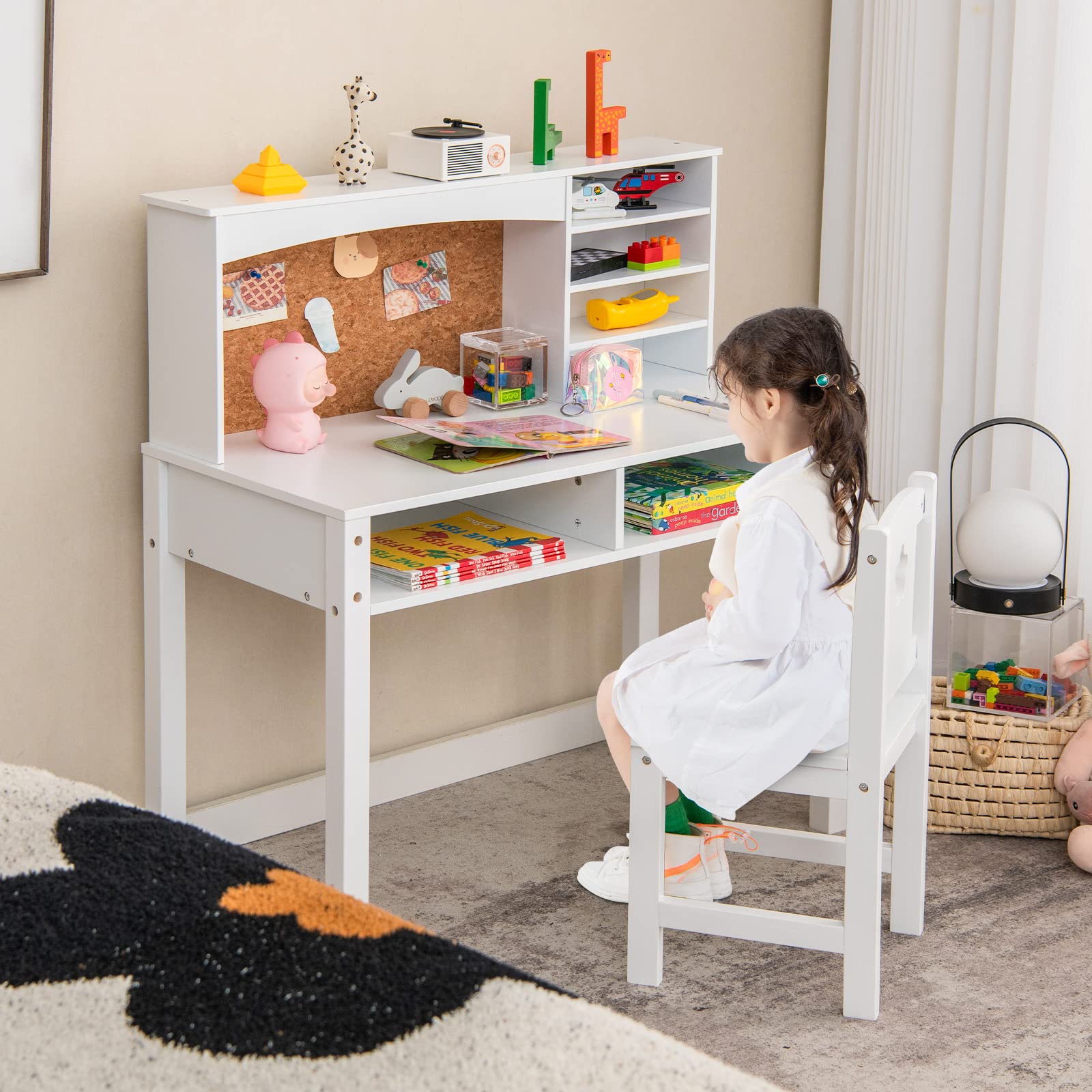 Costzon Kids Desk and Chair Set - Adjustable Wooden Study Desk with Storage Hutch, Cork Bulletin Board & Bookshelf | Ergonomic Student Writing & Computer Workstation for Study Room, Bedroom, Homeschooling & Online Learning (White)