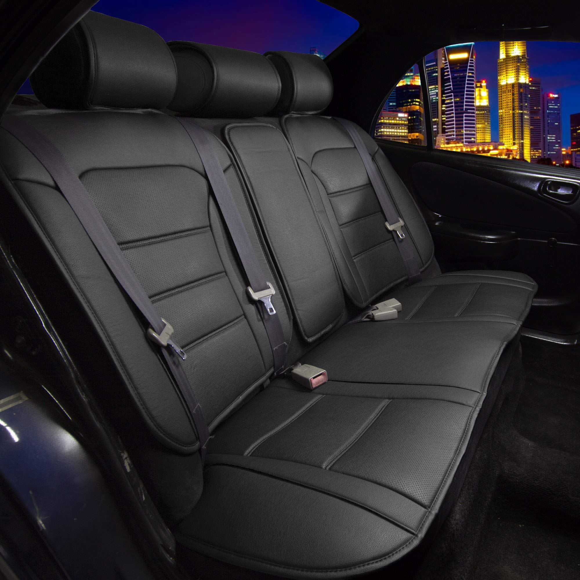 Premium TLH Futuristic Leather Seat Cushions for Cars, Trucks & SUVs - Universal Fit Rear Bench with Luxurious Black Leather - Perfect for Long Drives, Road Trips & Daily Commuting
