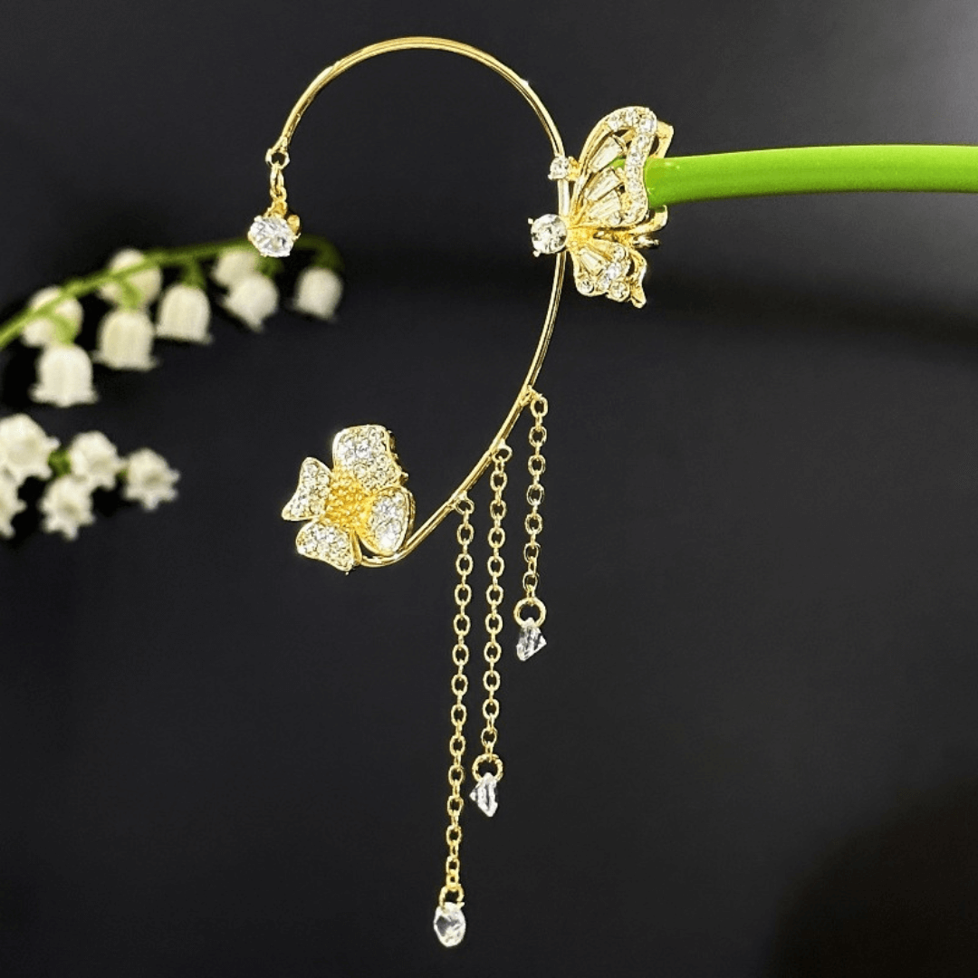 Non-Pierced Butterfly Tassel Elf Ear Clip Rose Wrap Climber Earrings for Women - Boho Festival Accessories | Perfect for Cosplay, Halloween Costumes & Fairy Themed Parties (Style A0148)