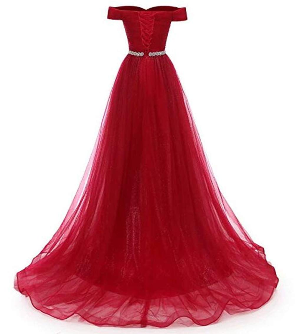 Emanni Women's Off Shoulder Long Prom Dress A Line Tulle Evening Gown - Burgundy Red Formal Party Dress for Homecoming, Wedding, Quinceañera & Special Occasions