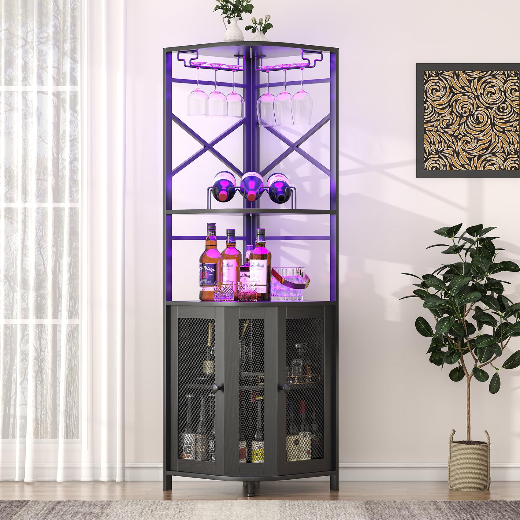 Industrial 5-Tier Corner Bar Cabinet with LED Strip & Power Outlet - Modern Wine & Liquor Display Cabinet with Glass Holder for Home, Office or Small Spaces - Black