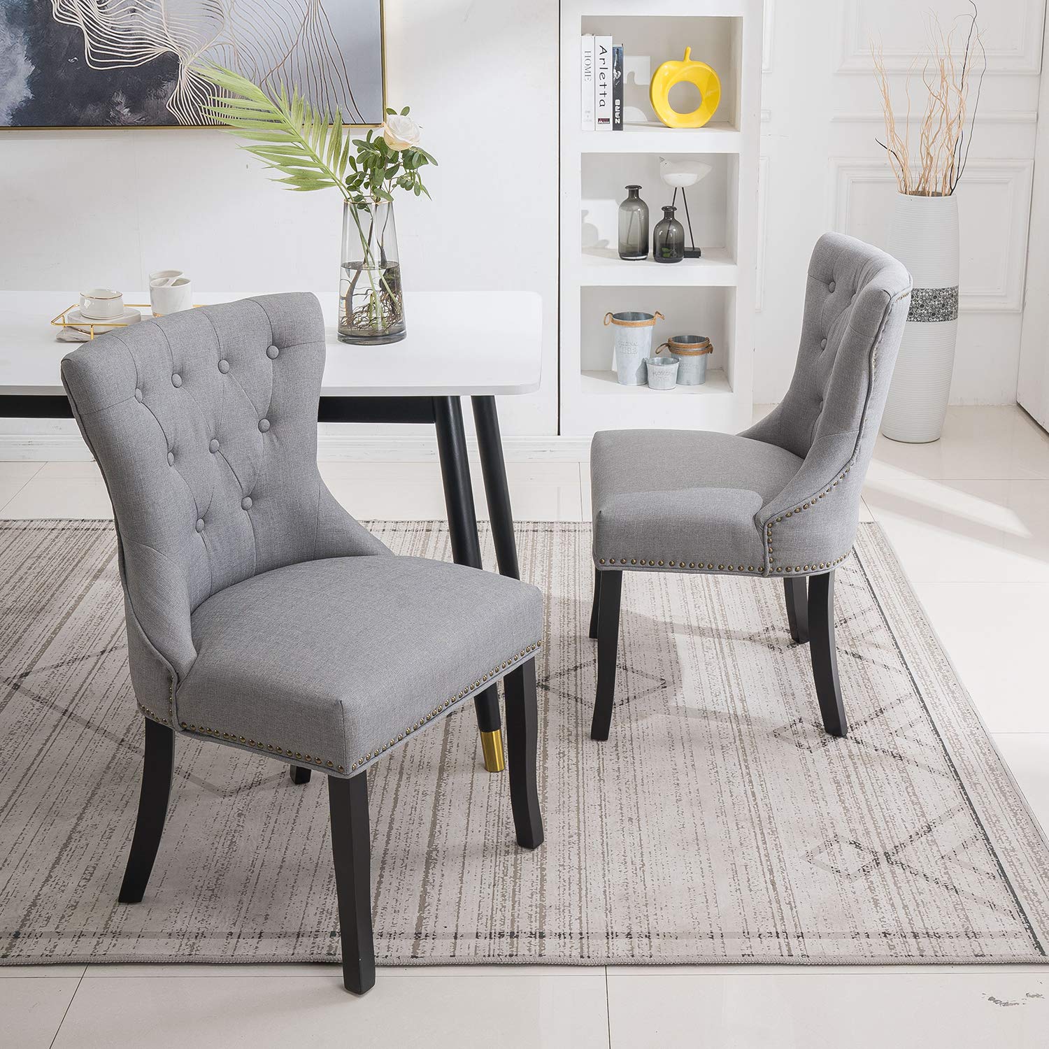 Gray Mid Century Modern Dining Chairs Set of 4 - Tufted Wingback Upholstered Fabric Kitchen Chairs with Solid Wood Legs - Perfect for Dining Room, Kitchen Island & Breakfast Nook