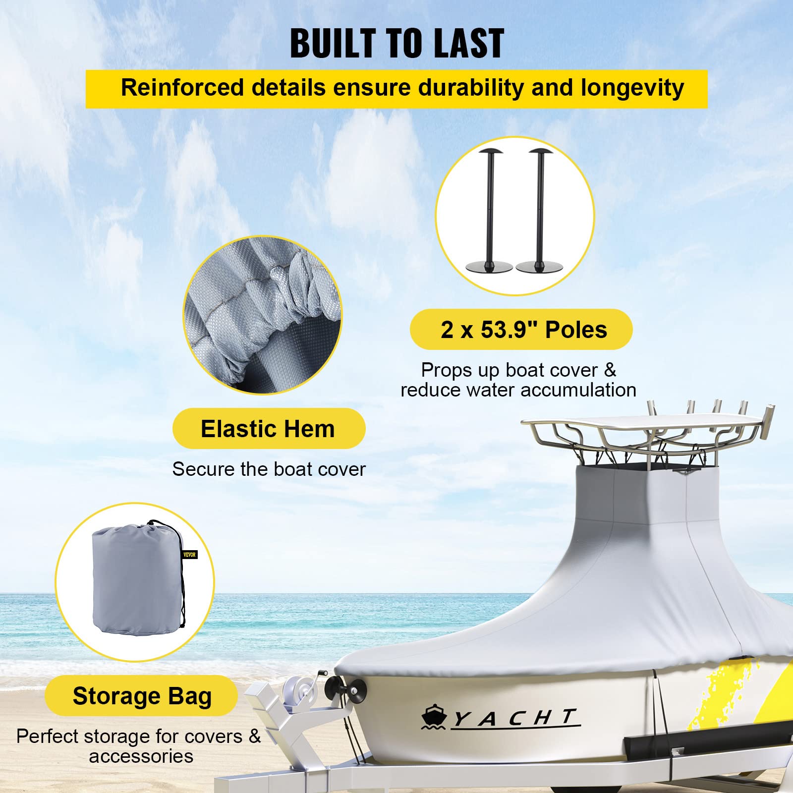 VEVOR Heavy Duty 600D Marine Grade Oxford Boat Cover for 18.5'-20' Center Console Boats - UV Resistant Waterproof T-Top Cover with 2 Support Poles & 5 Windproof Straps (Gray) - Perfect for Saltwater Fishing, Boating, and Marine Protection