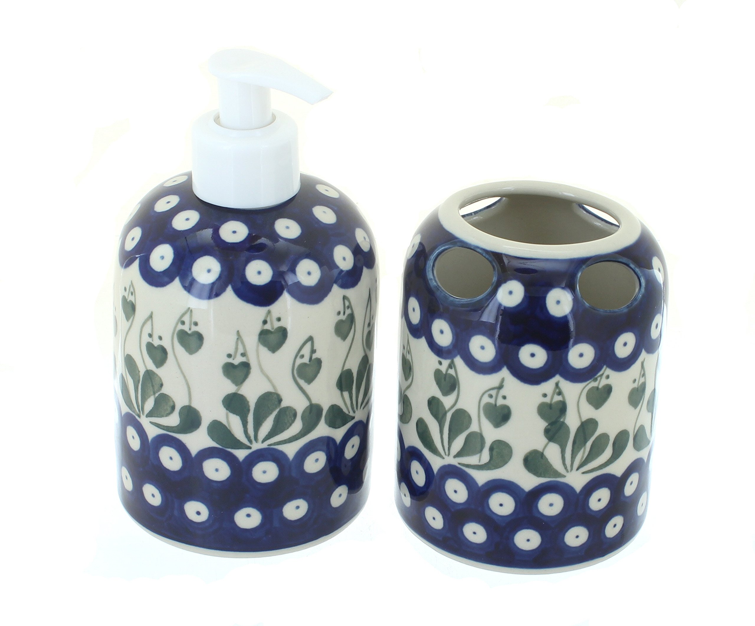 Blue Rose Polish Pottery Alyce Soap Dispenser & Toothbrush Holder - Handmade Ceramic Bathroom Organizer for Sink Countertop, Perfect for Farmhouse, Vintage, and Boho Decor Styles