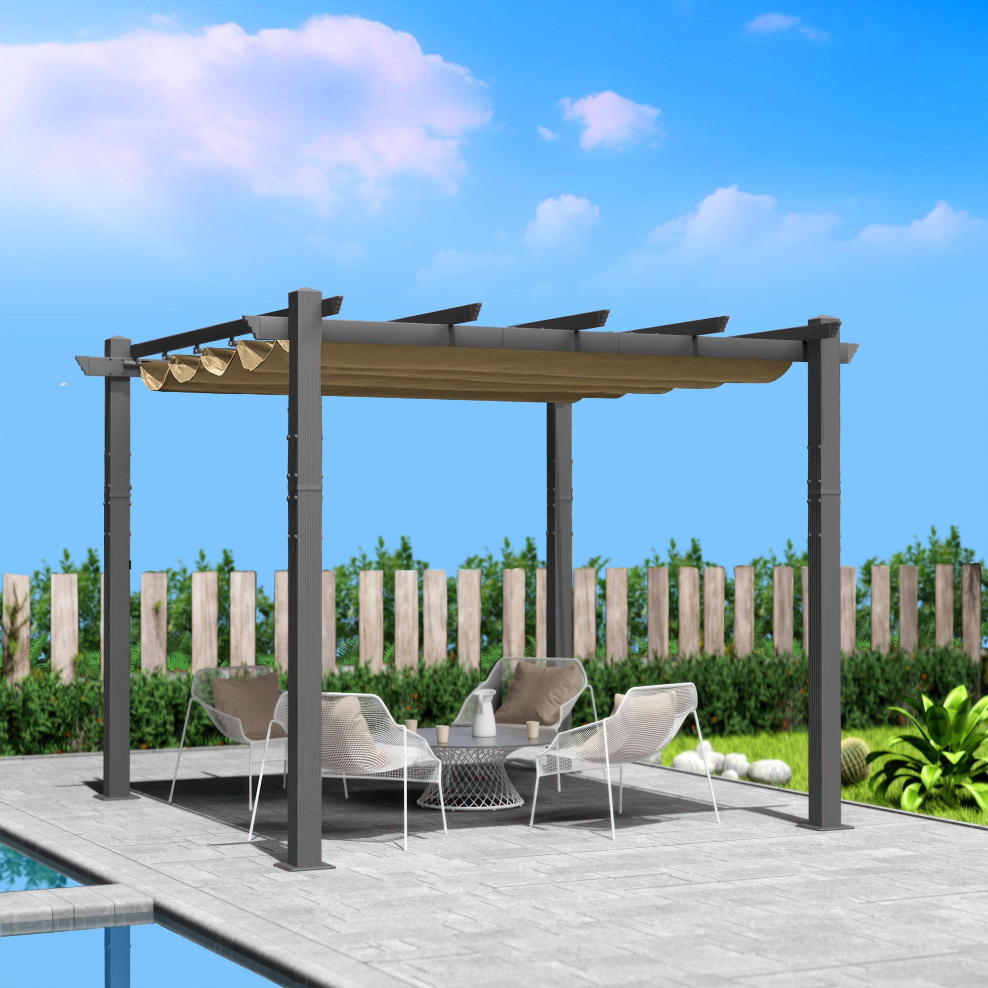 Kozyard Morgan 10' x 10' Beige Retractable Aluminum Pergola with Sun Shade Canopy - Modern Outdoor Patio Shelter for Backyard, Deck, Garden - Perfect for Lounging, Dining & Entertaining Guests