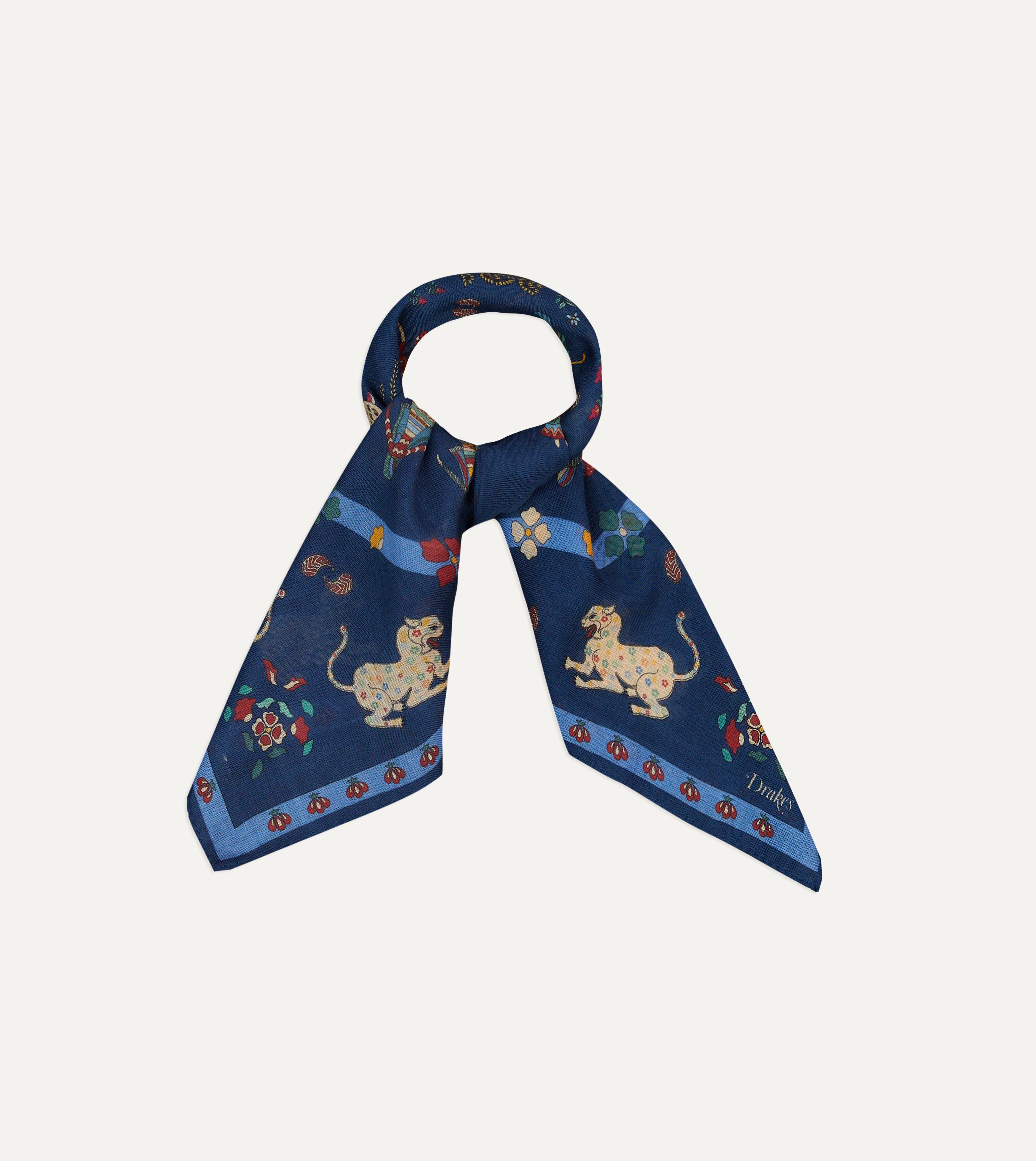 Navy Blue Mughal Leopards Print Wool Silk Bandana Scarf - Soft Luxury Wrap for Women & Men - Perfect for Fashion Accessories, Headwear, Neckwear, and Boho Chic Outfits