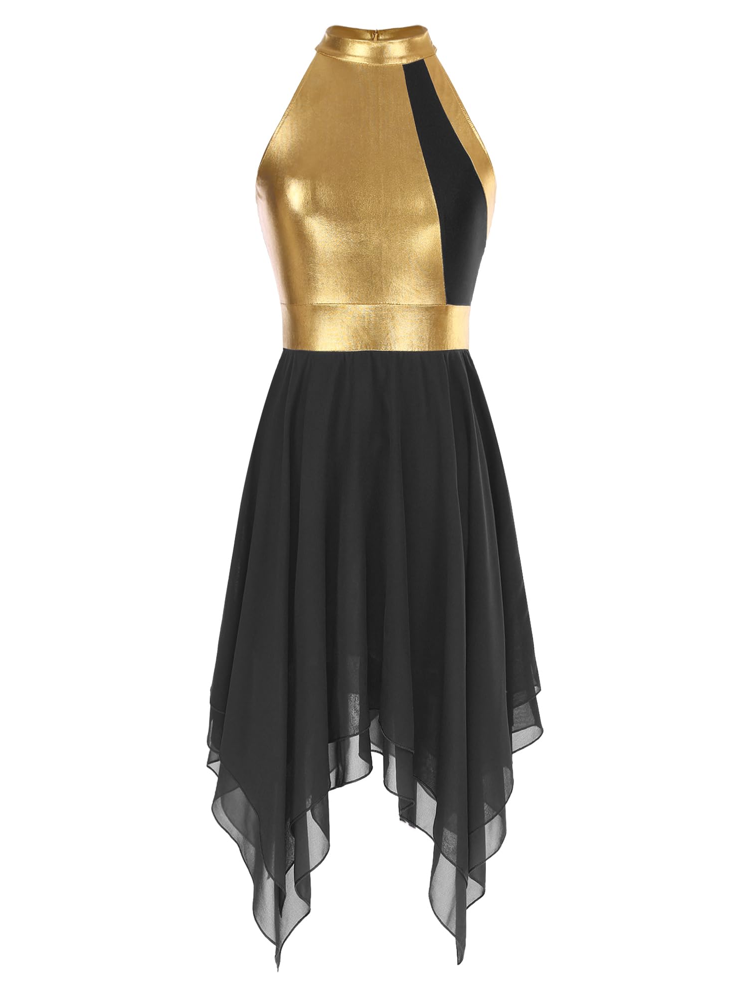 JEYPINMI Women's Gold Color Block Lyrical Dance Dress - Praise & Worship Liturgical Tunic Costume for Church Performances & Stage Shows