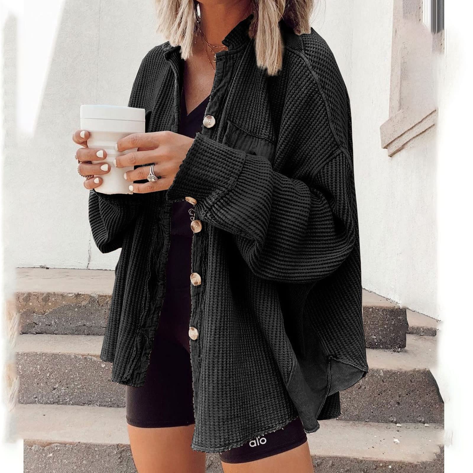 CAICAIL Women's Fashion Waffle Knit Batwing Sleeve Open Front Cardigan - Casual Loose Fit Warm Jacket with Pockets for Fall & Winter Layering