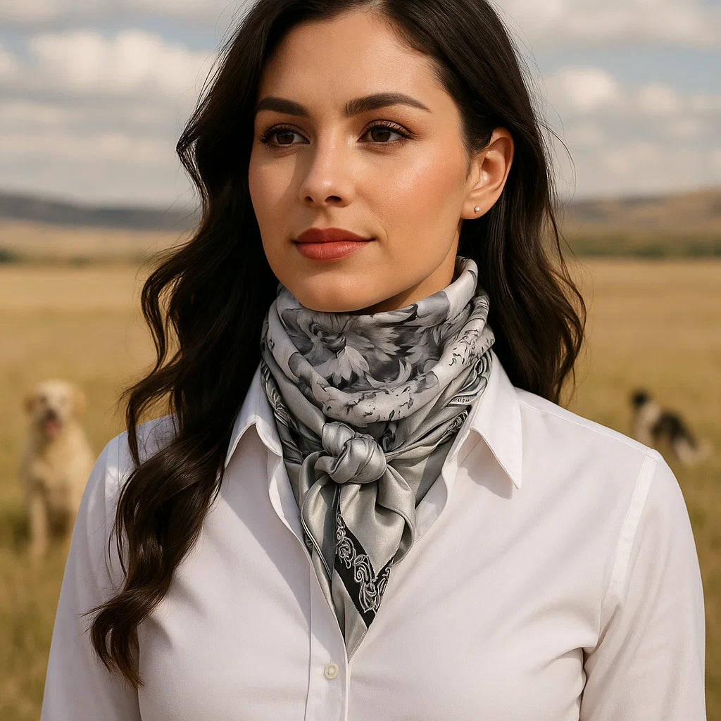 35X35 Silver & White Paisley Wild Scarf - Western Bandana for Cowboy, Cowgirl & Horse Riding - Fashion Accessory for Rodeo, Ranch & Outdoor Adventures