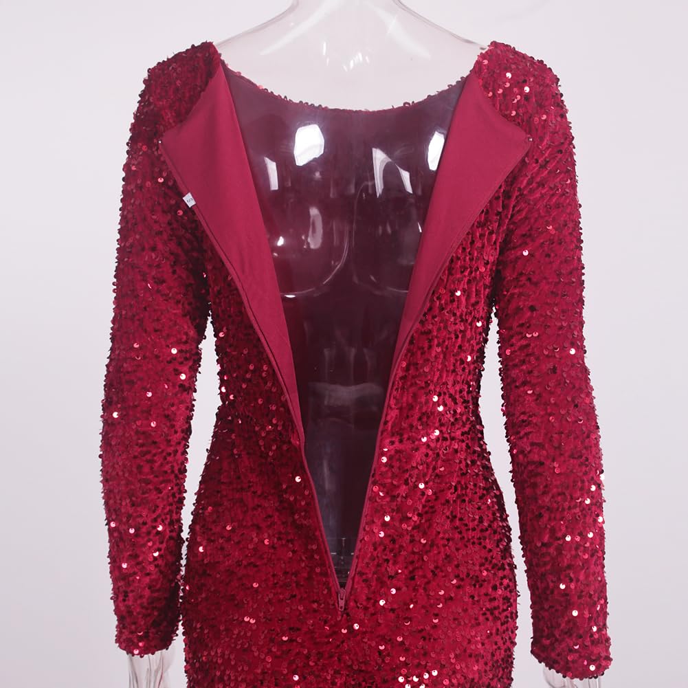 Velvet Stretch Sequin Formal Evening Gown - Long Sleeve O Neck Maxi Dress for Prom, Wedding & Holiday Parties