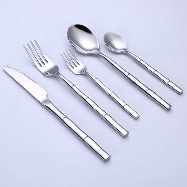 30-Piece Stainless Steel Bamboo Cutlery Set - Silverware Set with Knives, Forks & Spoons - Eco-Friendly Kitchen Utensils for Dining, Camping & Picnics (Silver)