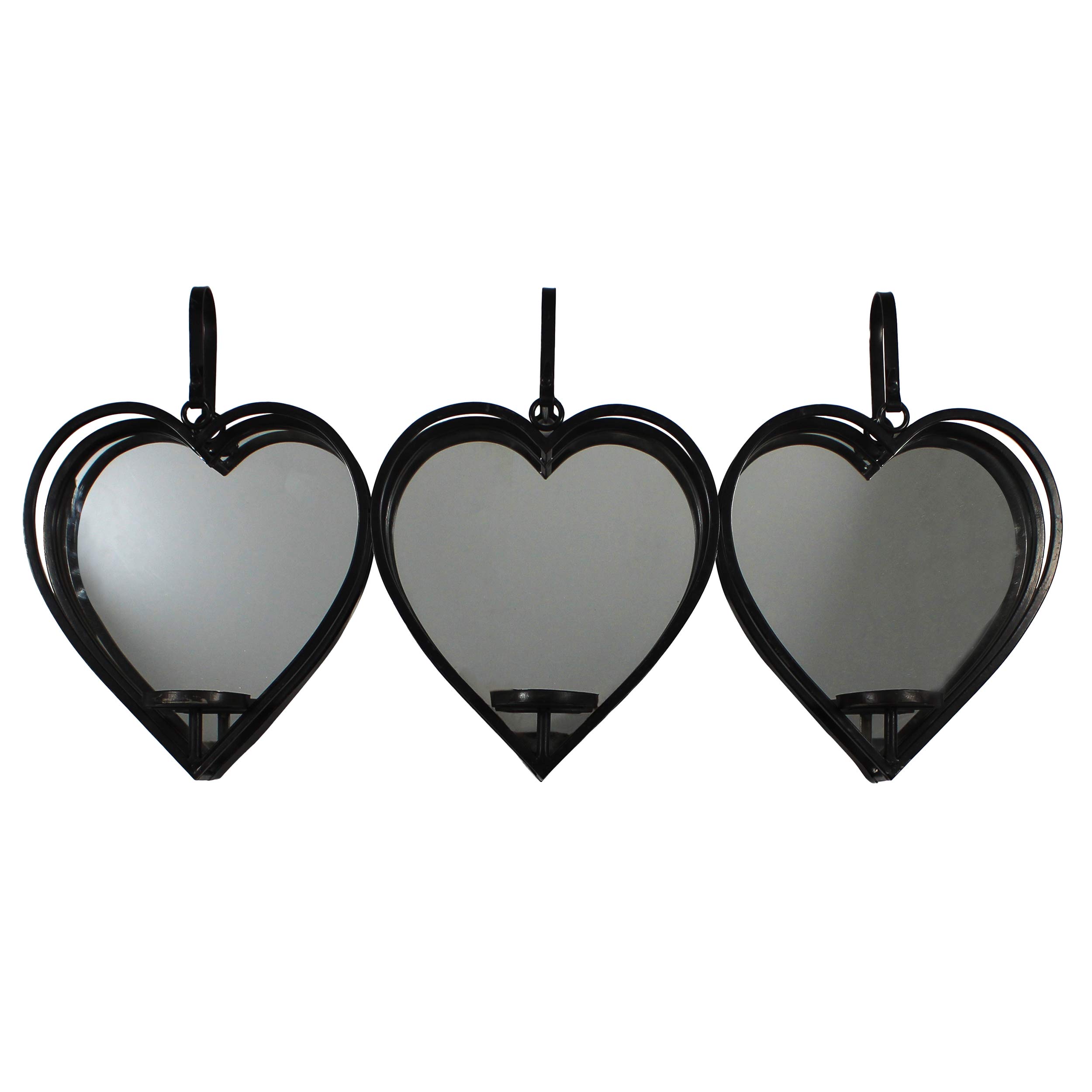 Urban Designs Three Hearts Mirrored Candle Wall Sconce - Black Metal Decorative Wall Light for Living Room, Bedroom, Dining Room & Hallway Decor