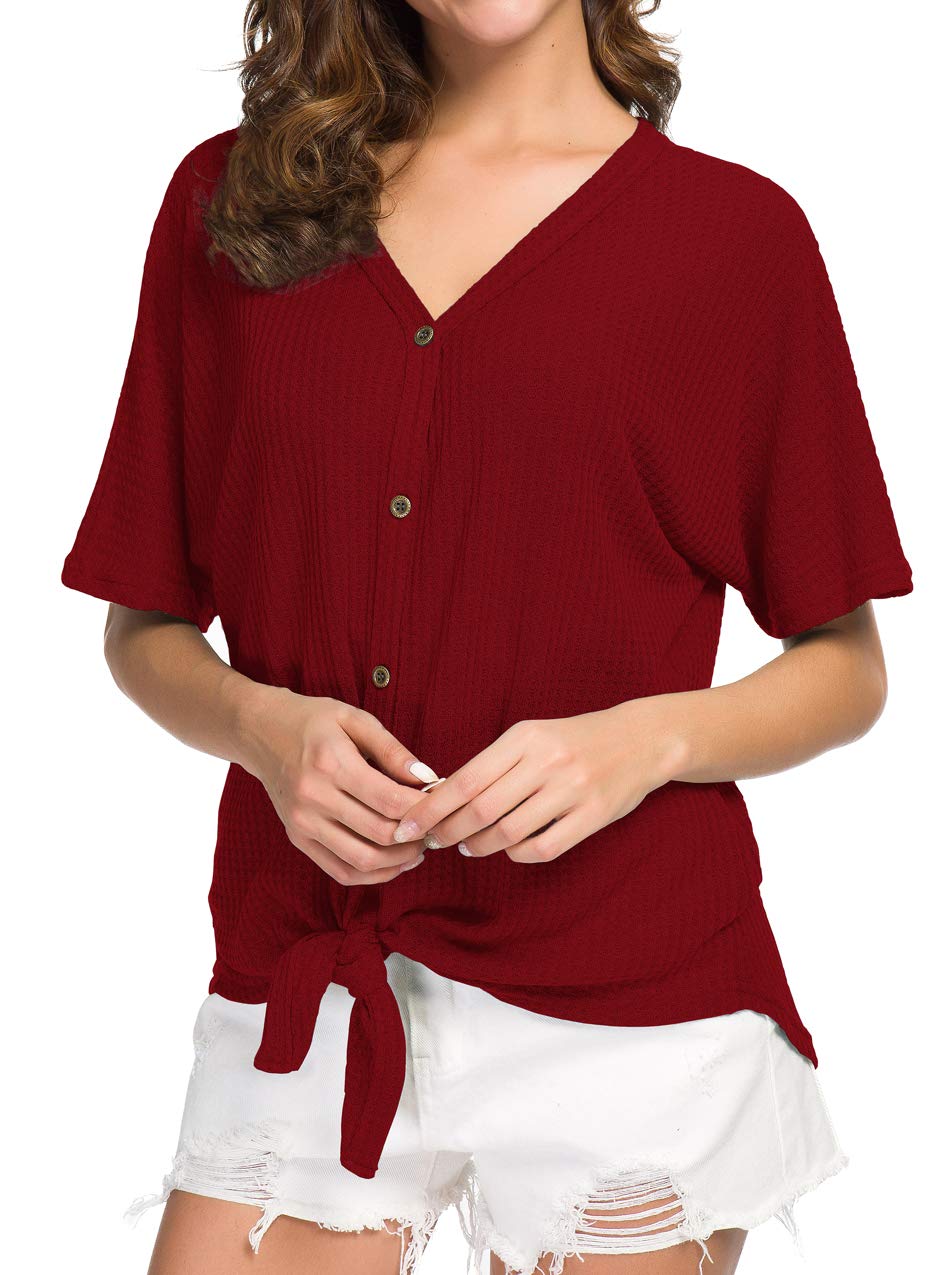 IWOLLENCE Women's Waffle Knit Tunic Blouse - Tie Knot Short Sleeve Henley Top, Loose Fit Batwing Shirt for Casual Wear, Office & Date Night Outfits