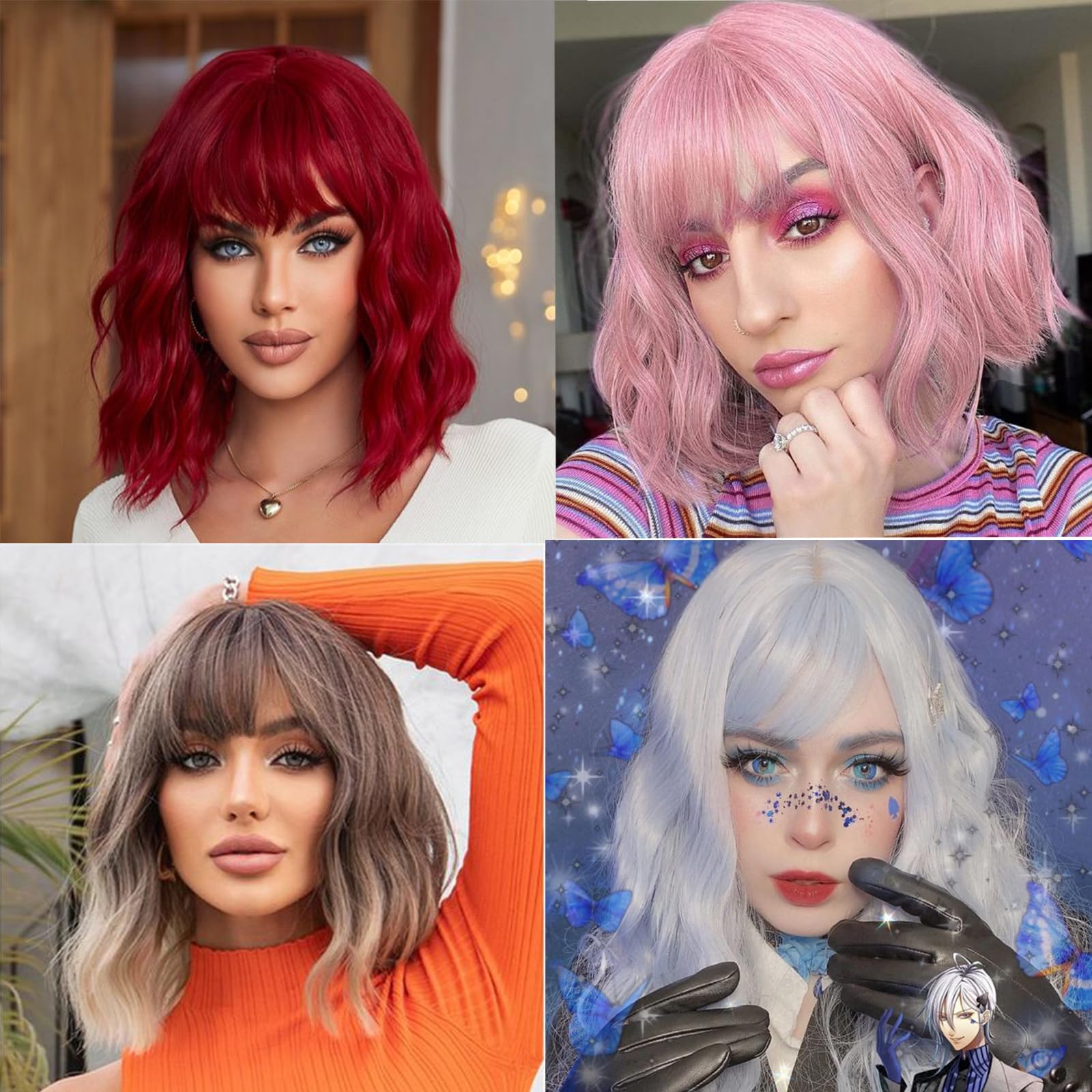 Pink Wavy Real Human Hair Wig with Bangs - Short Bob Heat Resistant Tangle-Free Synthetic Wig for Women & Girls | Perfect for Cosplay, Daily Wear, Halloween & Costume Parties