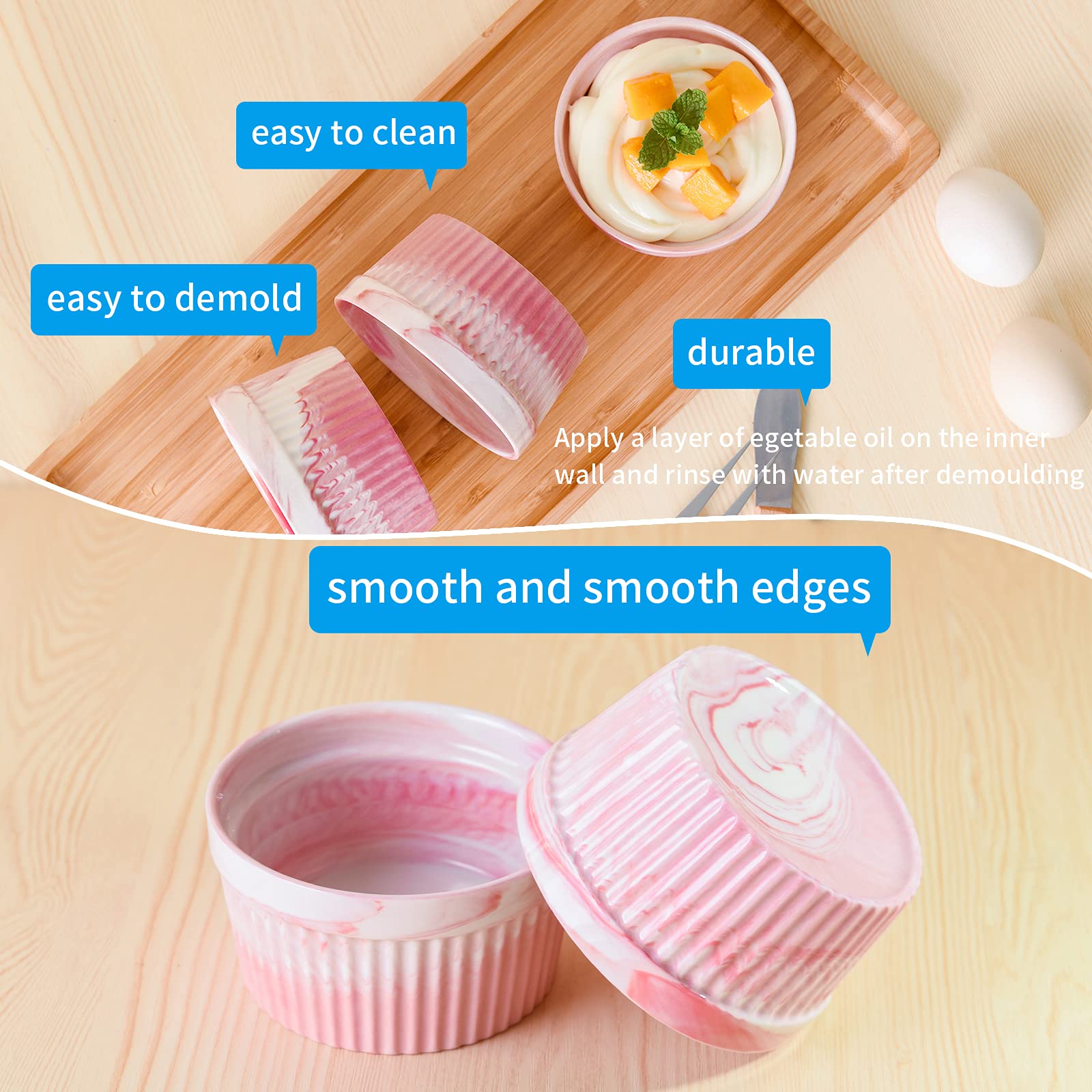 Yundu 8oz Pink Marble Ceramic Ramekins - Oven Safe Baking Bowls for Creme Brulee, Souffle, Desserts (Set of 6) | Perfect for Home Baking, Kitchen Decor & Elegant Dinner Parties