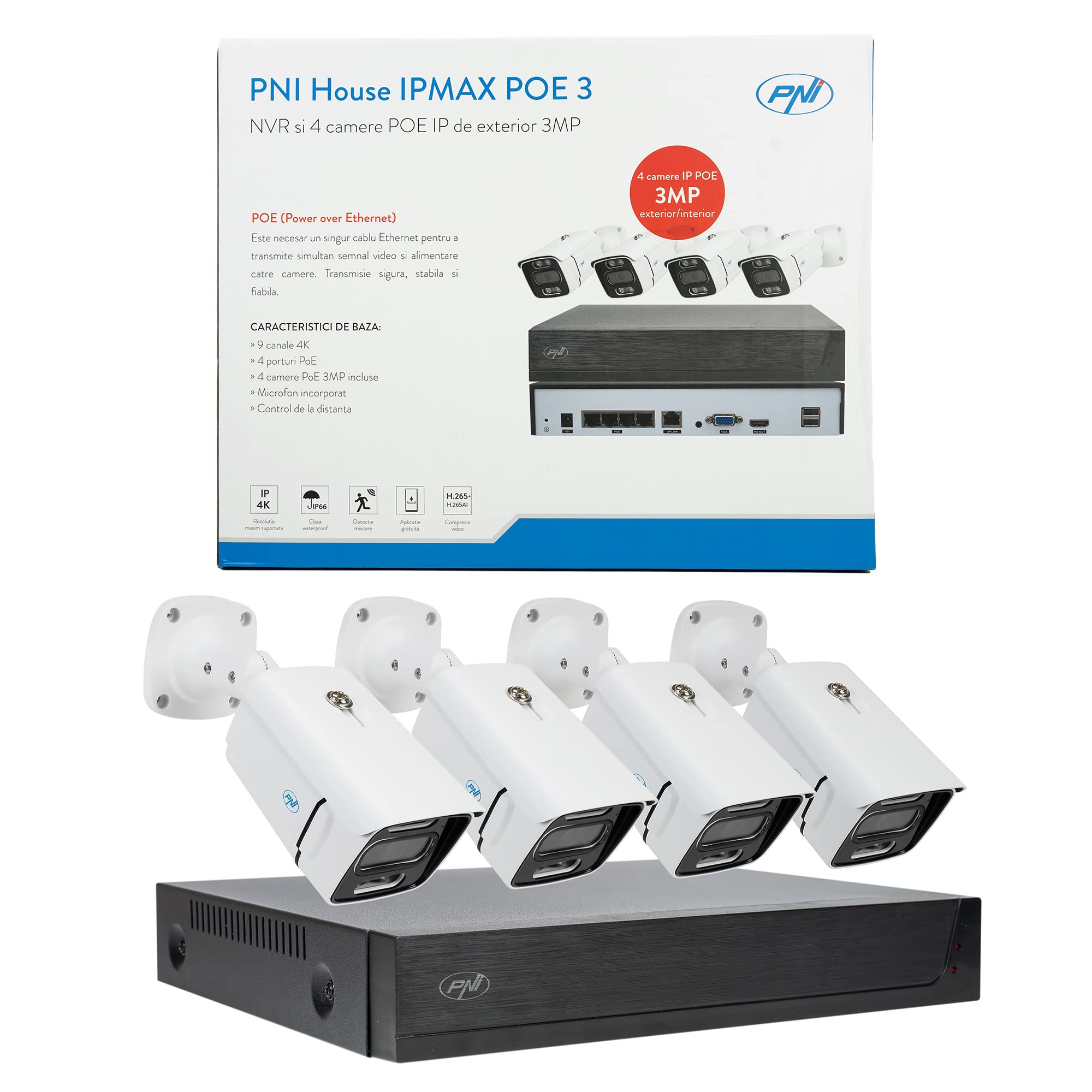 PNI House IPMAX POE 3 Video Surveillance Kit - 4 Channel NVR with 4x 3MP IP Cameras, Outdoor Security System, Power Over Ethernet (PoE) - Ideal for Home & Business Security Monitoring