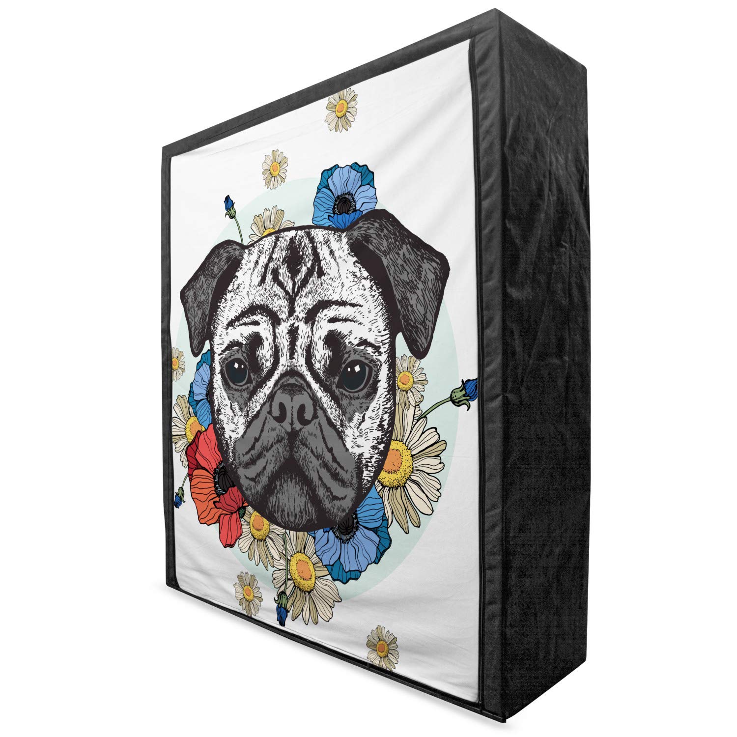 Ambesonne Pug Portable Fabric Wardrobe - Black & White Pug Floral Design with Daisies, 59
