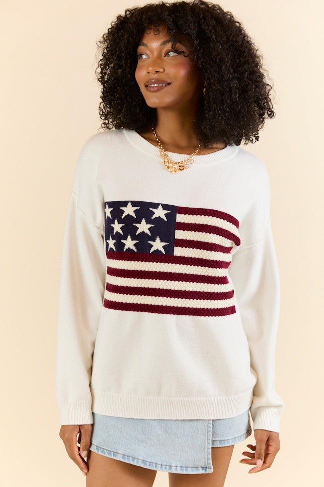 Patriotic Ivory Textured Flag Sweater - Cozy Knit Pullover for Men & Women | Perfect for 4th of July, Veterans Day & Casual Outings