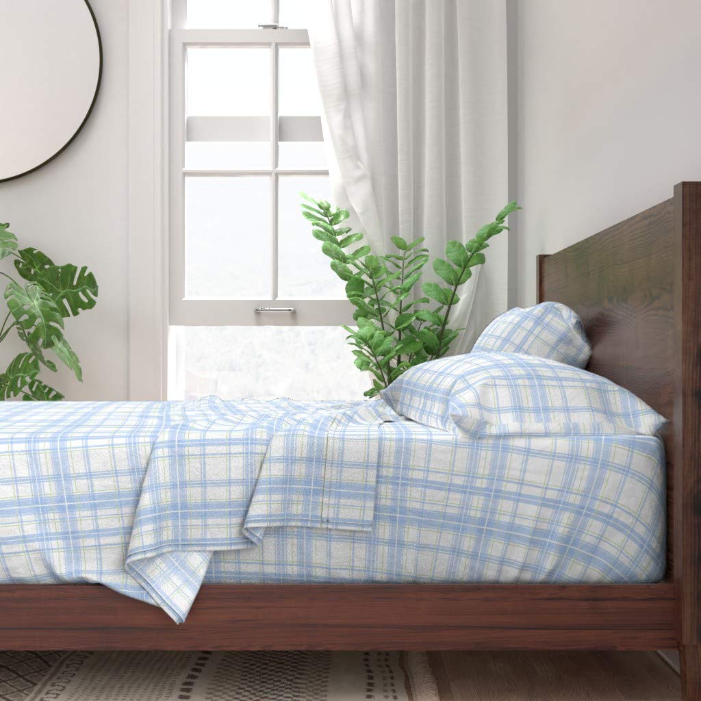 100% Cotton Twin Sheet Set 3pc - Tartan Blueberry Plaid Swedish Blue White Print | Shabby Chic Custom Bedding | Perfect for Picnics, Guest Rooms & Cozy Cottage Decor