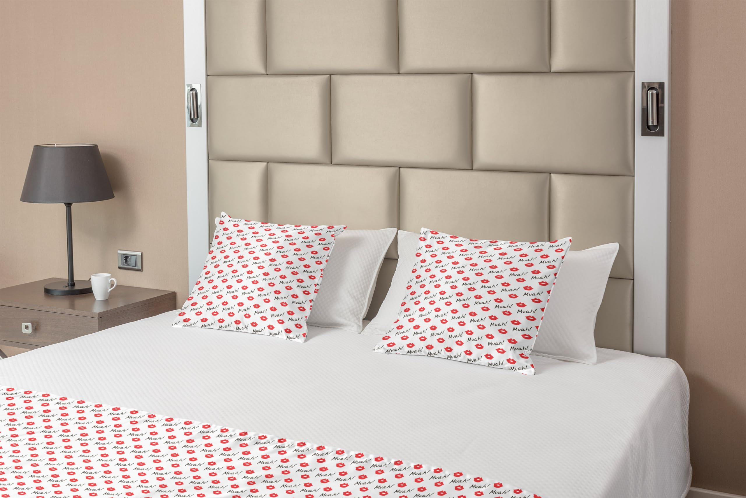Ambesonne Romantic Red Lips Kiss Marks Bed Runner Set with 2 Pillow Shams - Valentine's Day Decorative Bedding Scarf for Hotels & Homes (Vermilion/White) - Perfect for Romantic Bedroom Decor & Anniversary Gifts