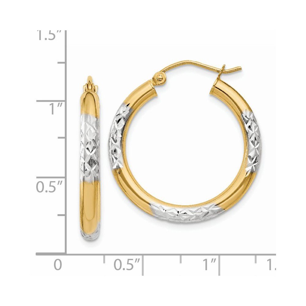 14K Yellow Gold Two-Tone Diamond-Cut Hoop Earrings for Women - 3x25mm Elegant Dangle Hoops for Everyday Wear, Parties & Gifts
