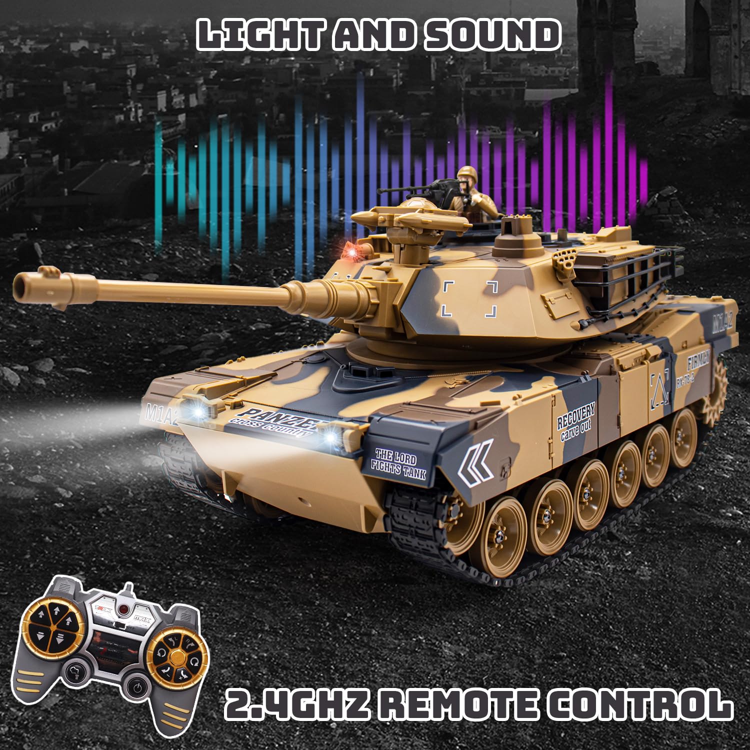 1/18 Scale US-M1A2 RC Tank - 23 Channel Remote Control Military Vehicle with BB Shooting, Rotating Turret, LED Lights, Sound & Smoke Effects | Realistic Battle Simulation Toy for Kids & Adults | Outdoor Play, Collection Display & War Game Reenactment