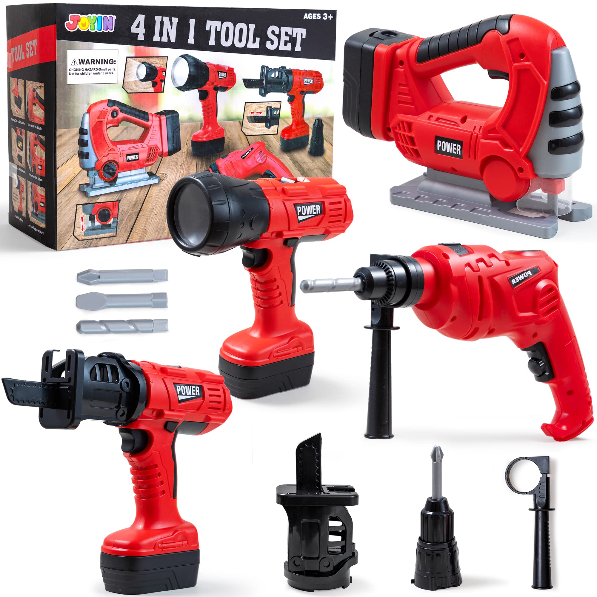 JOYIN 4-in-1 Kids Pretend Play Tool Set with Flashlight, Saw & Electric Drill - Construction Toy for Boys & Girls Ages 3-6 | Perfect for Birthday Gifts, Halloween Costumes, Dress-Up Parties & STEM Learning Playtime