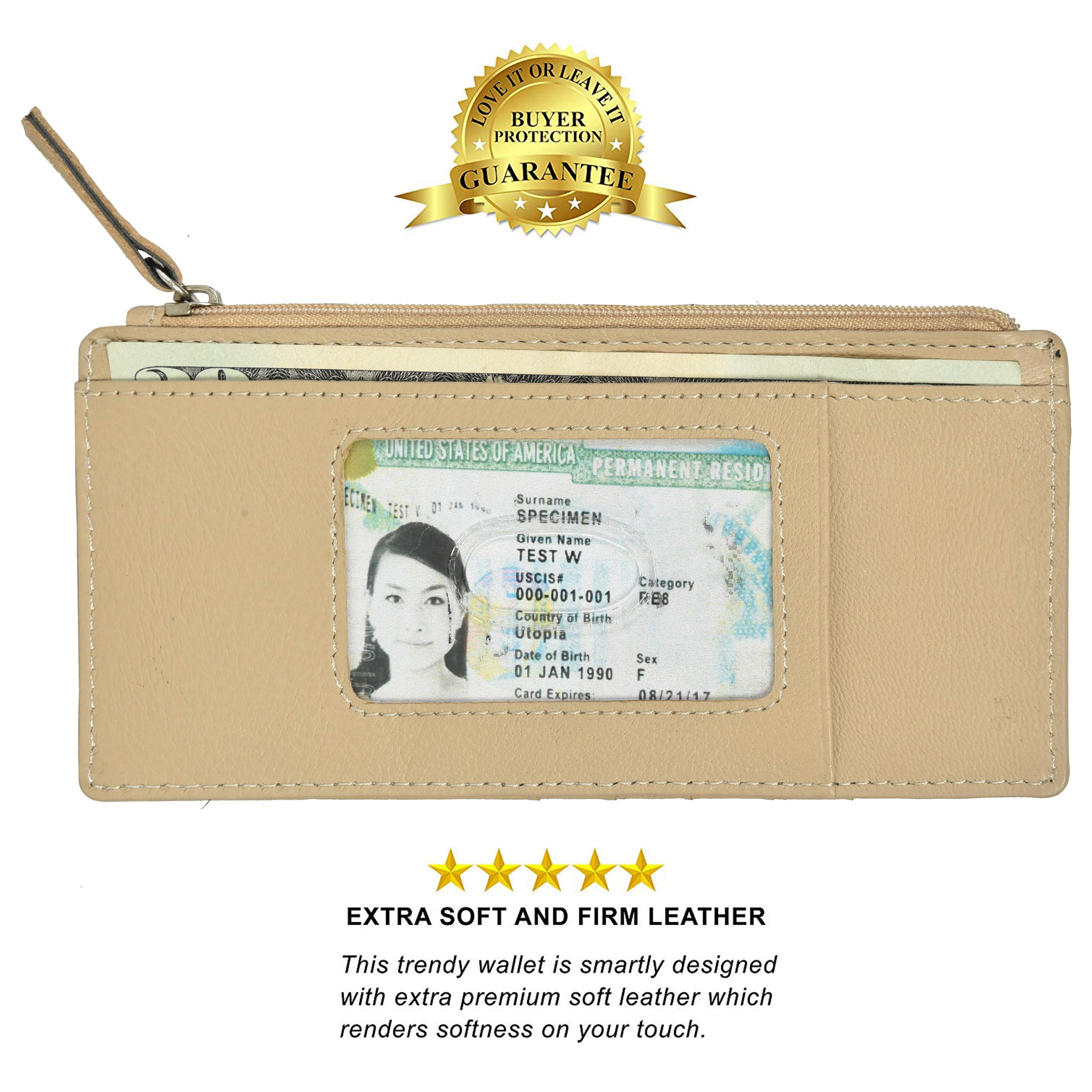 Genuine Leather Women's Slim Wallet - Card Holder with Zipper for Business & Travel (Beige)