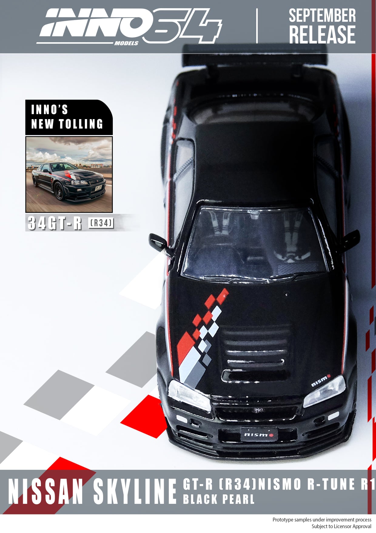 INNO Models 1:64 Scale Nissan Skyline GT-R R34 400R Nismo R Tune Spec Diecast Car - Black - Collectible Model Car for Display, Gifts & Racing Enthusiasts