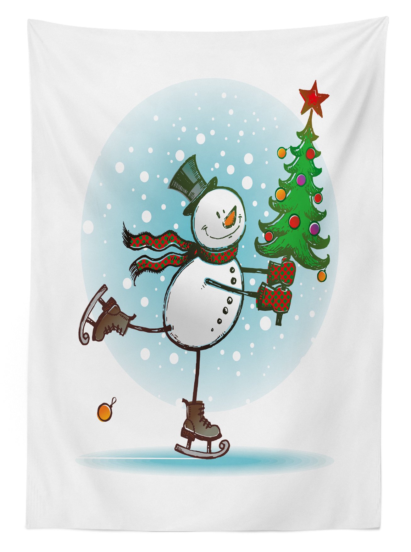 Ambesonne Snowman Outdoor Tablecloth - Hand Drawn Winter Snowman with Christmas Tree Design, Waterproof Washable Picnic Table Cover 58x120 Inches - Perfect for Christmas Decorations, Holiday Parties & Outdoor Dining