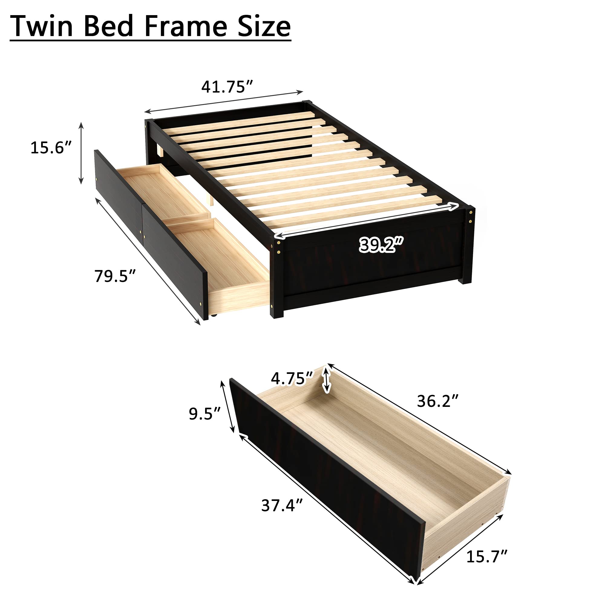 Twin Size Platform Bed Frame with 2 Storage Drawers - Solid Wood Captains Bed No Headboard for Kids & Teens (Espresso) | Space-Saving Bedroom Furniture for Small Rooms & Dormitories