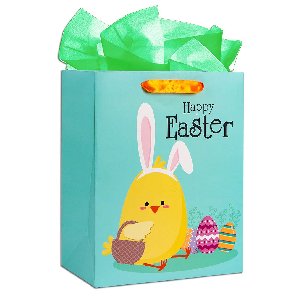 Easter Gift Bags with Handles 13x10.5x5.8 Inches - Large Easter Chick Egg Bunny Themed Gift Bags with Tissue Paper for Kids - Perfect for Easter Egg Hunts, Party Favors & Classroom Treats