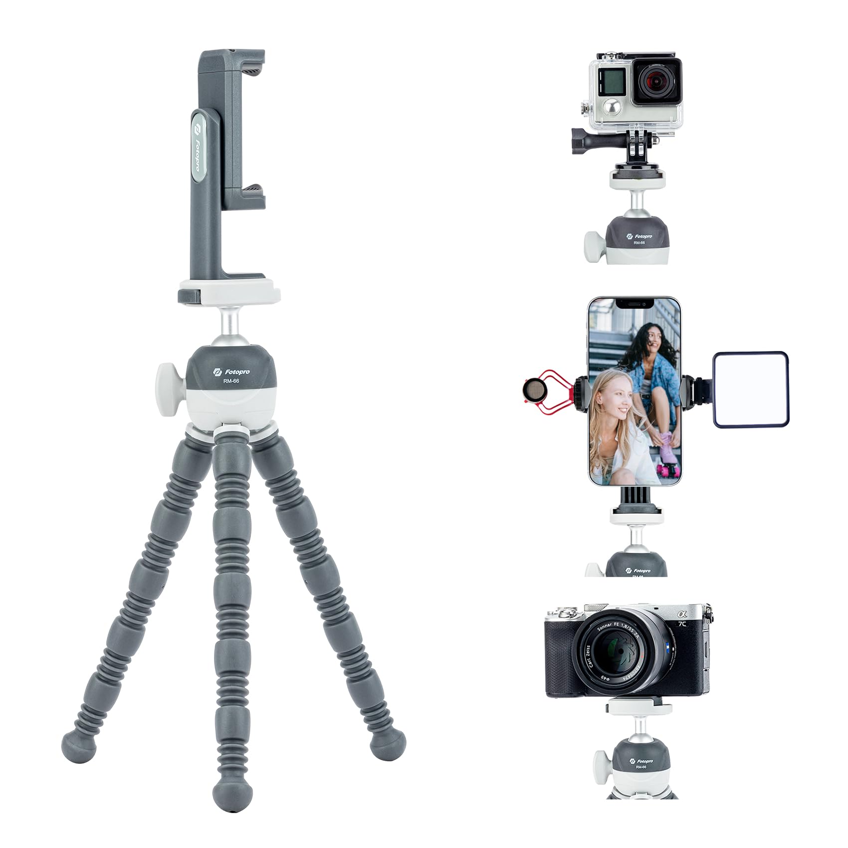 Fotopro Flexible Tripod Stand with 360° Ball Head - Portable Mini Tripod for Phone, Camera & Action Cam - Includes Cold Shoe Mount & Phone Holder - Perfect for Vlogging, Live Streaming, YouTube Videos & Travel Photography (Grey)