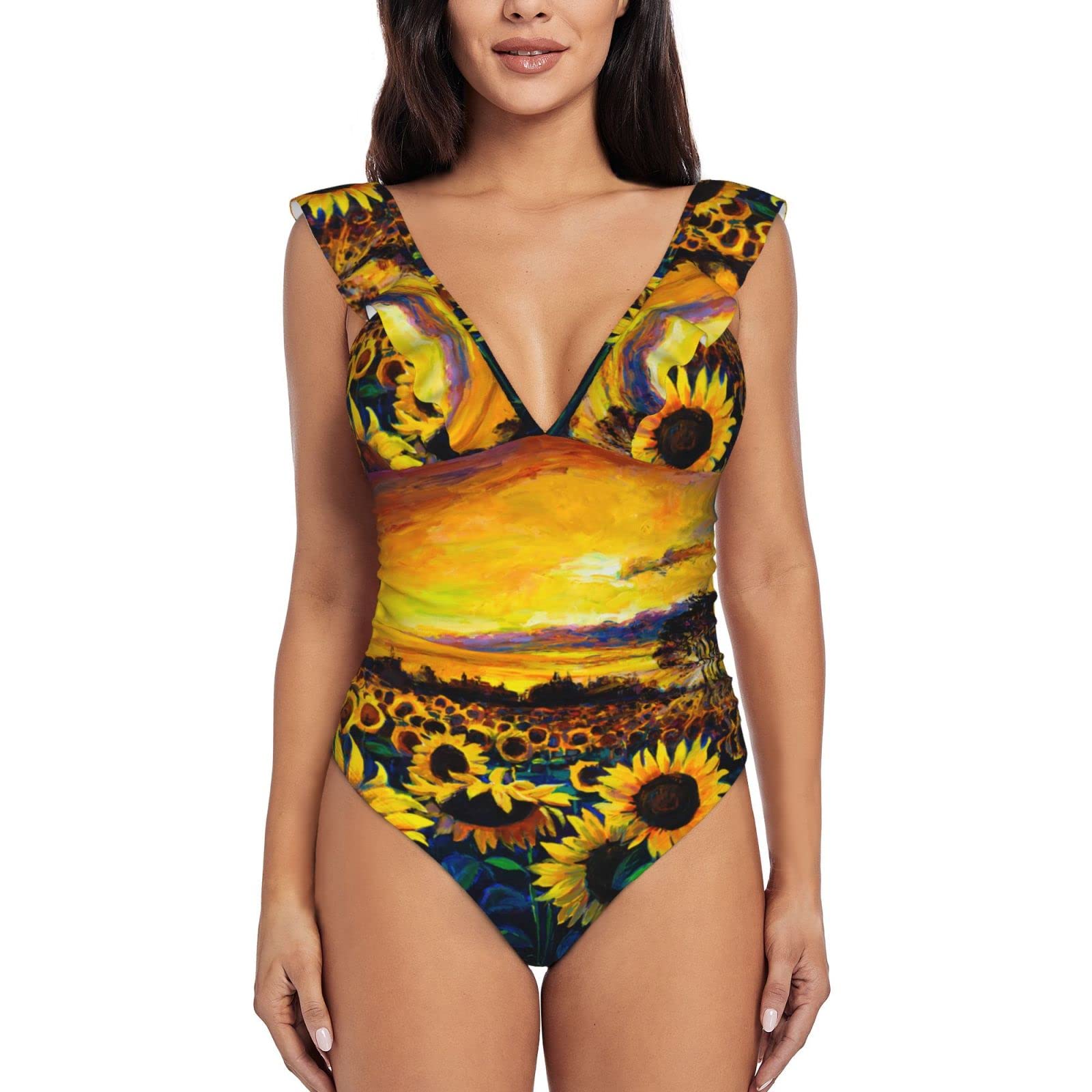 Grafffery Women's Tummy Control One Piece Swimsuit - V Neck Ruffle Monokini Bathing Suit for Beach, Pool & Vacation | Slimming Swimwear for Women