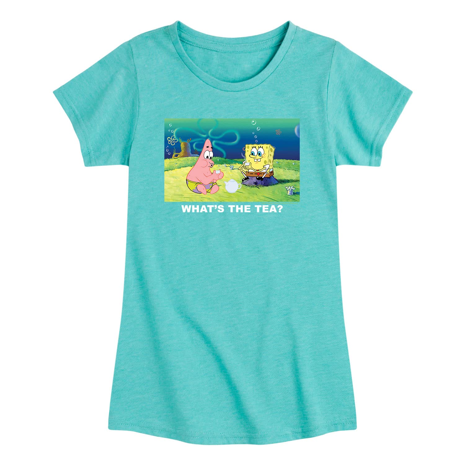Spongebob Squarepants 'What's The Tea' Girls Short Sleeve T-Shirt | Cute Cartoon Graphic Tee for Kids & Teens | Perfect for School, Playdates & Casual Outfits