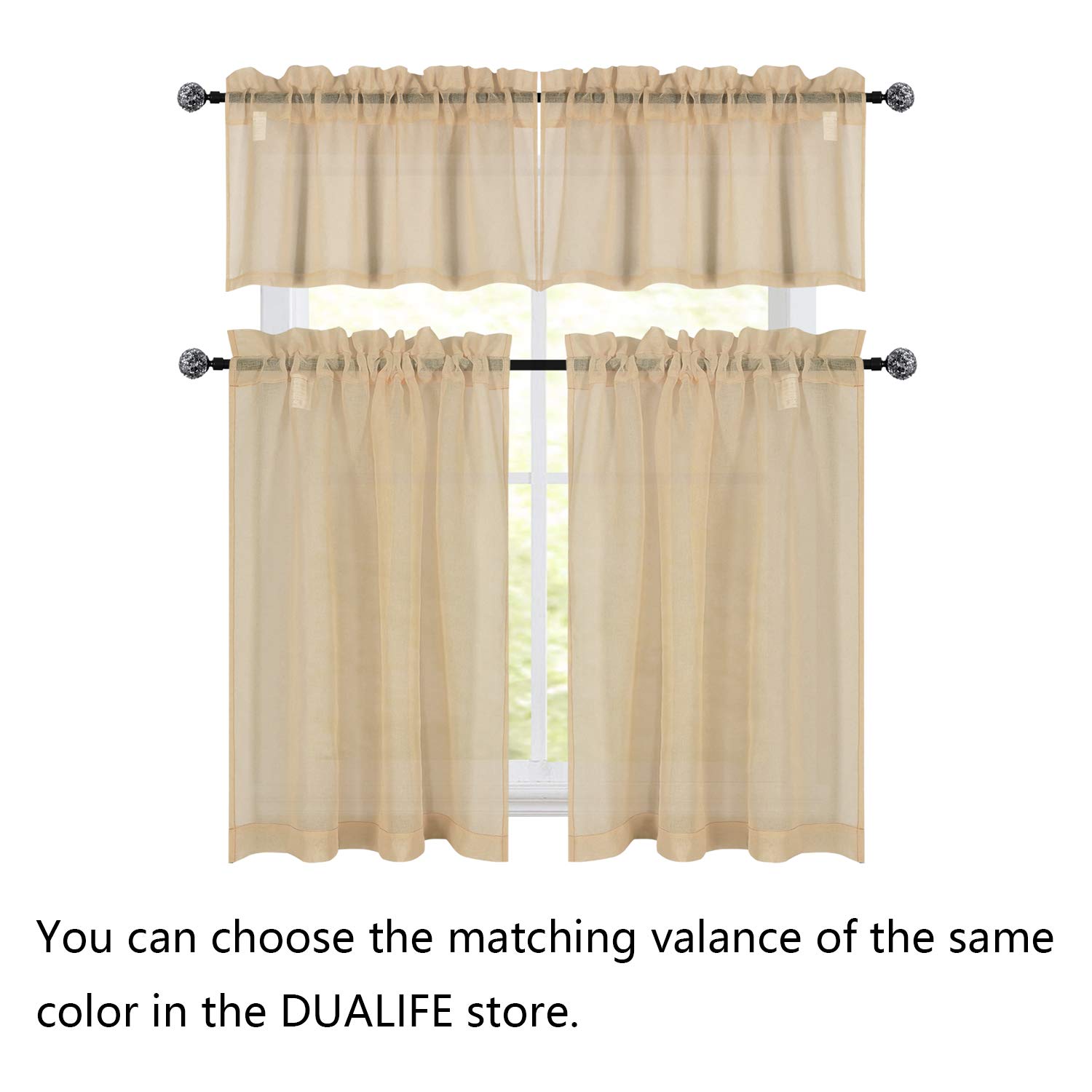 Dualife Taupe Sheer Curtains 36 Inch Length - 2 Panels Rod Pocket Semi-Sheer Kitchen Curtains, Light Brown Faux Linen Window Treatment for Privacy & Sun Filtering (34x36 Inches) - Perfect for Kitchens, Bathrooms & Small Windows