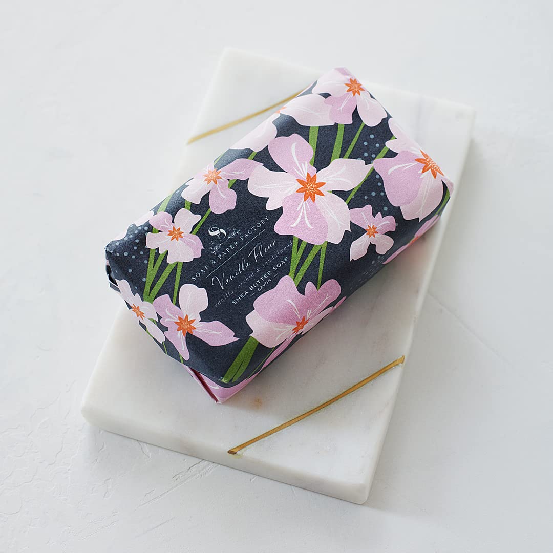 Soap & Paper Factory Vanilla Fleur Shea Butter Soap Bar - 5 oz Natural Moisturizing Handmade Soap for Dry Skin, Gifts & Bathroom Decor - Perfect for Spa Day, Self-Care & Relaxation
