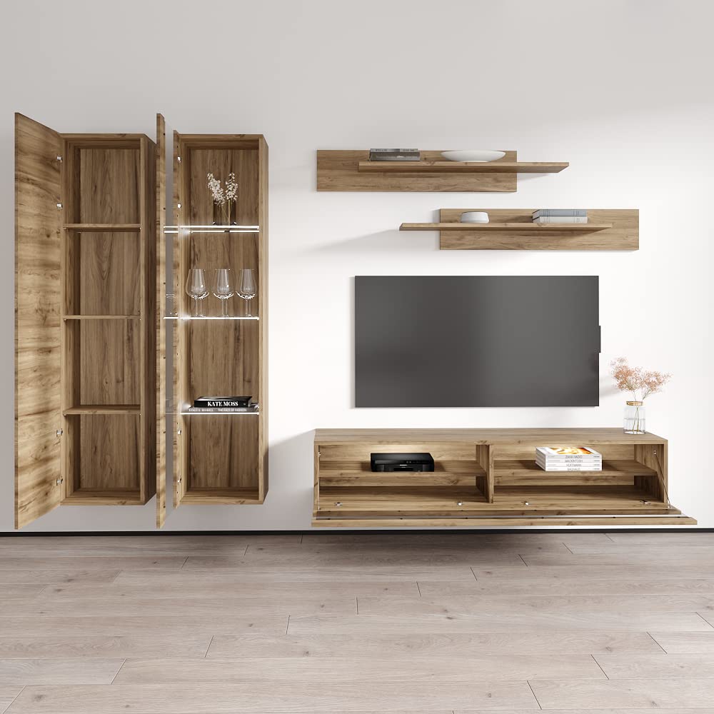 Modern Floating TV Stand with Storage & LED Lights - Wall-Mounted Entertainment Center for Bedroom & Living Room - A4 35TV Console with Shelves in Oak Finish - Perfect for Small Spaces & Home Theater Setup
