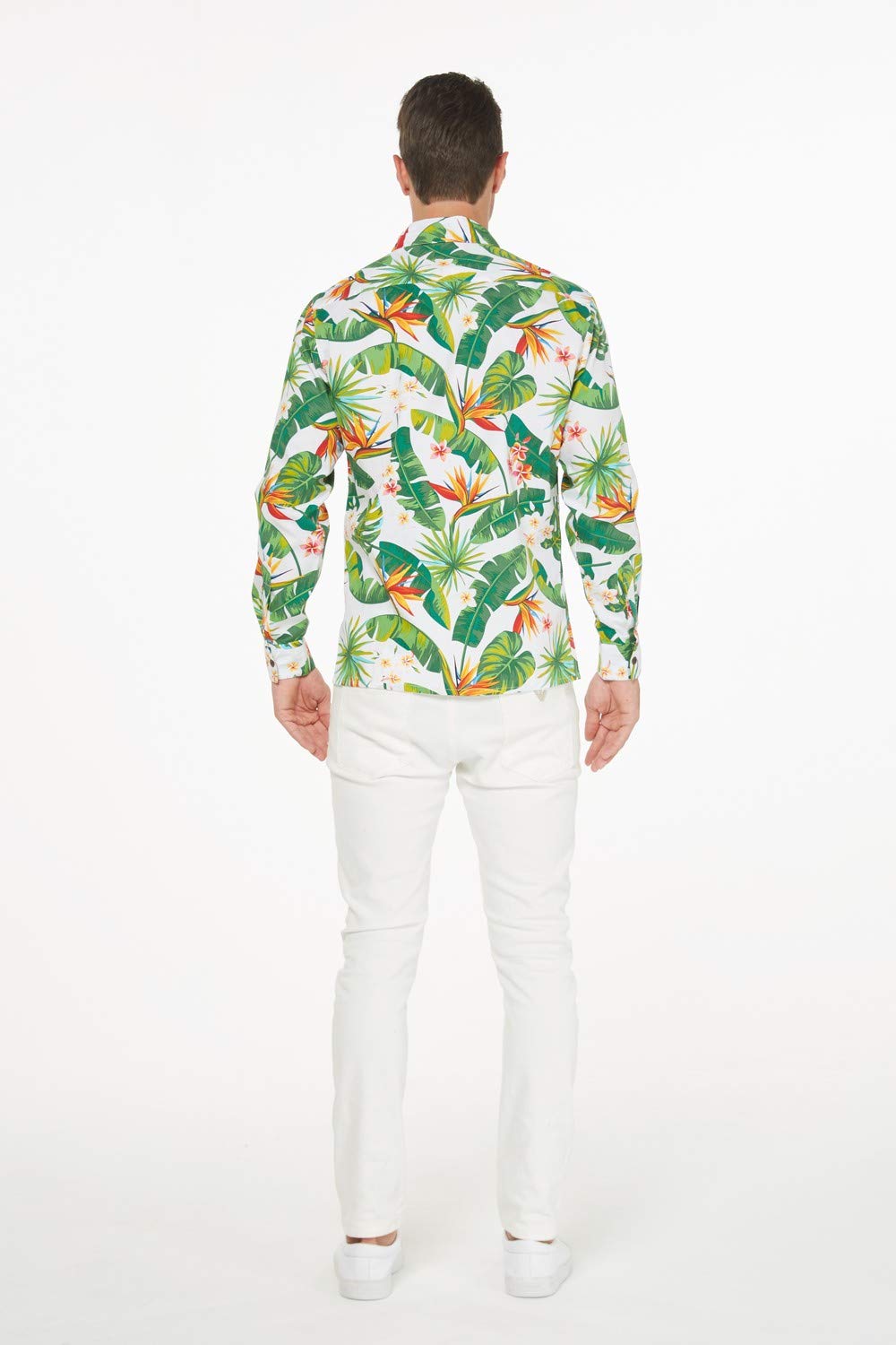 Hawaiian Couple Matching Luau Long Sleeve Shirt & Muumuu Dress - Tropical Bird of Paradise Print White - Perfect for Beach Vacations, Hawaiian Theme Parties and Honeymoon Getaways