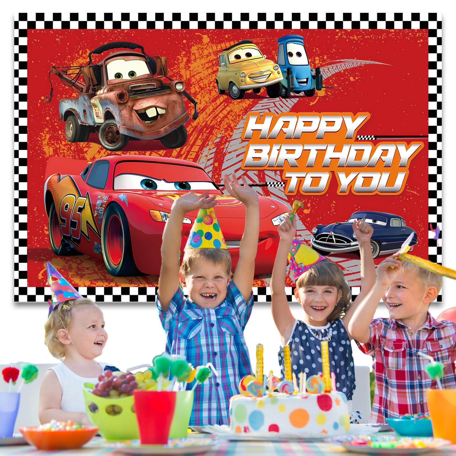 5x3FT Cartoon Car Birthday Backdrop - Happy Birthday Banner Background for Kids Party Decorations, Photography Props | Perfect for Birthday Parties, Baby Showers & Photo Booths